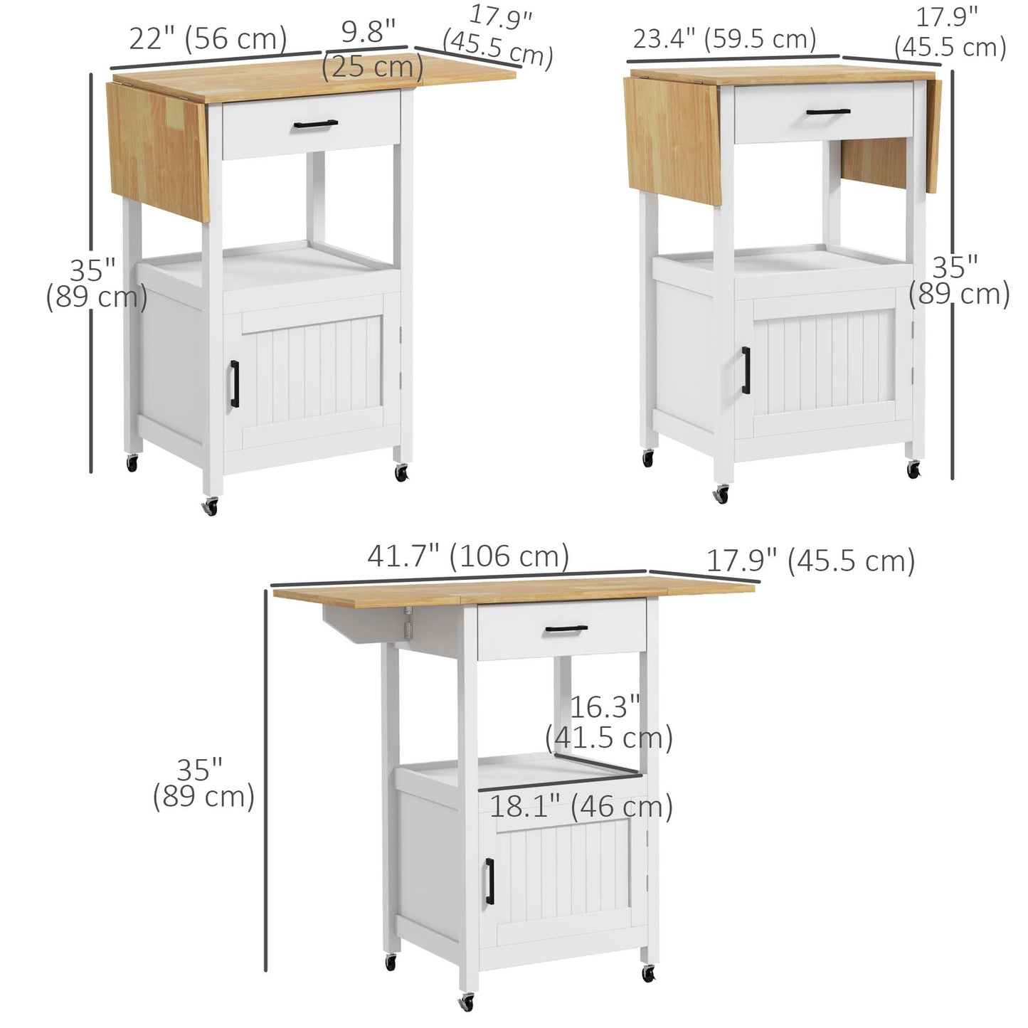 Foldable Kitchen Island with Storage Drawer, Wood Top Coffee Cart on Wheels, Kitchen Cart with Cabinet, White Kitchen Islands & Kitchen Carts   at Gallery Canada