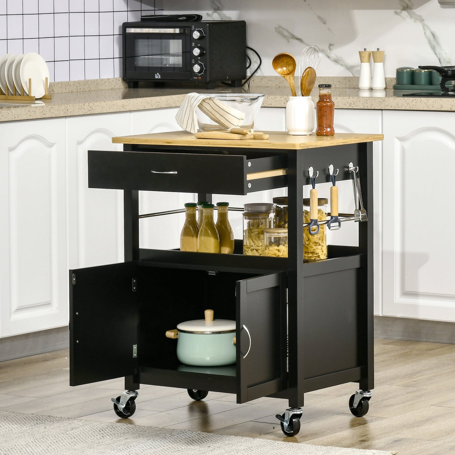 Kitchen Cart, Utility Trolley, Small Kitchen Island with Storage Drawer &; Side Hooks for Dining Room, Black - Gallery Canada