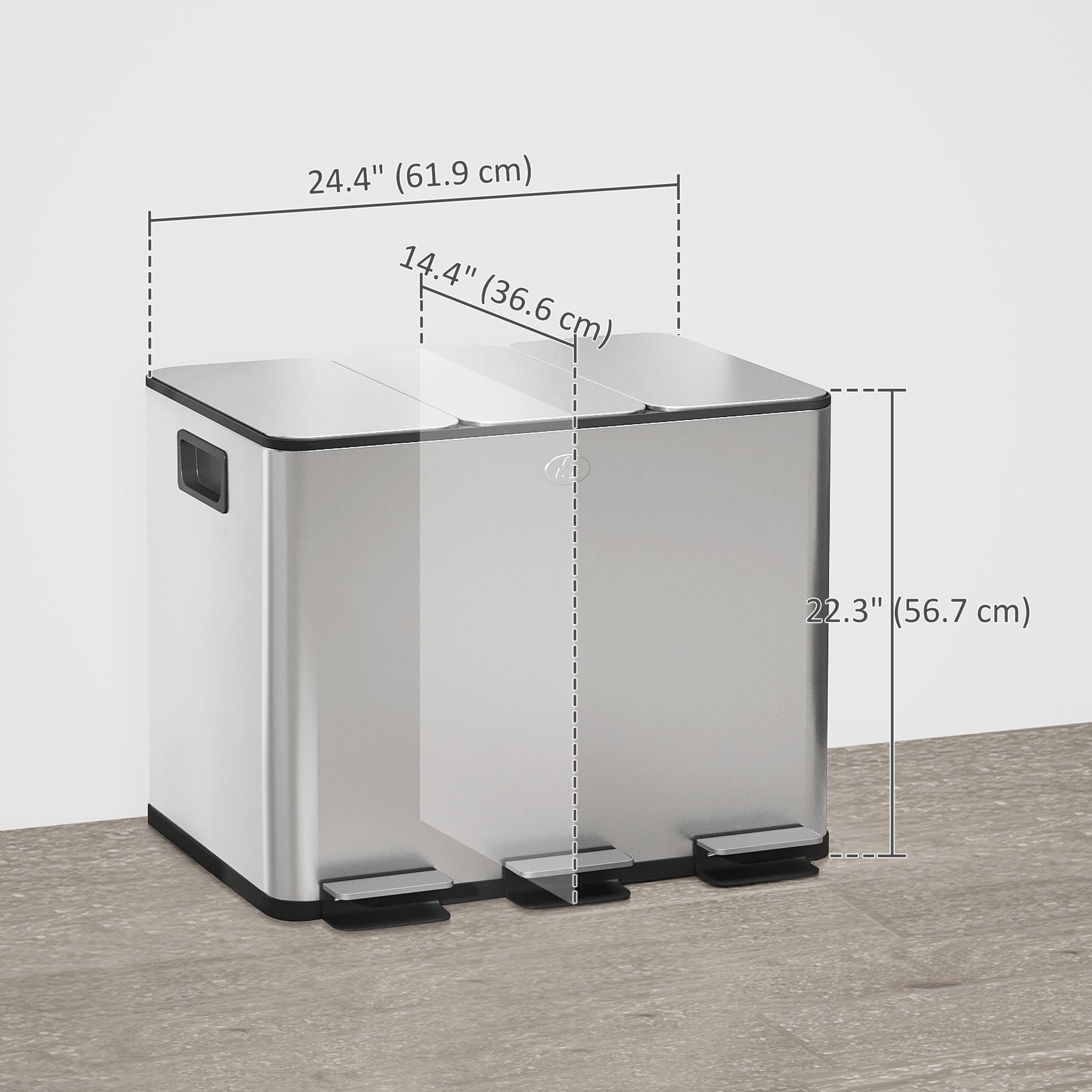 Triple Garbage Bin, Soft-Close Trash Can with Foot Pedal, 3 x 20 Liter Garbage Can with Removable Inner Buckets, Silver Household Supplies at Gallery Canada