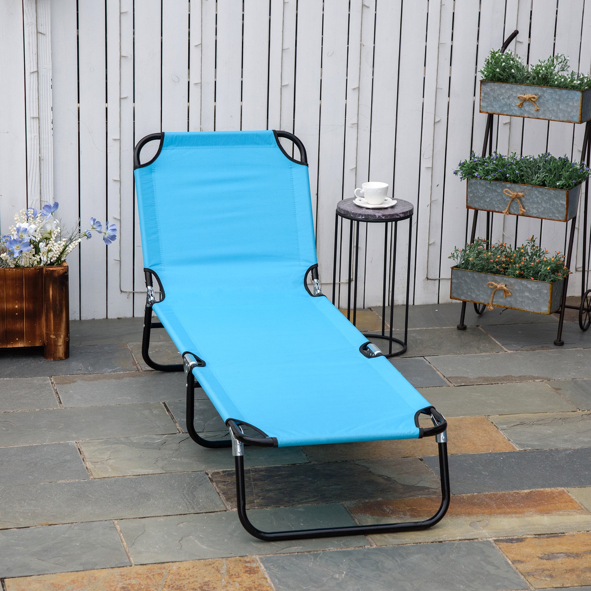 Outdoor Folding Lounge Chair, Steel Tanning Chair with Reclining Back, Breathable Mesh for Beach, Yard, Patio, Sky Blue Lounger Chairs Sky Blue  at Gallery Canada