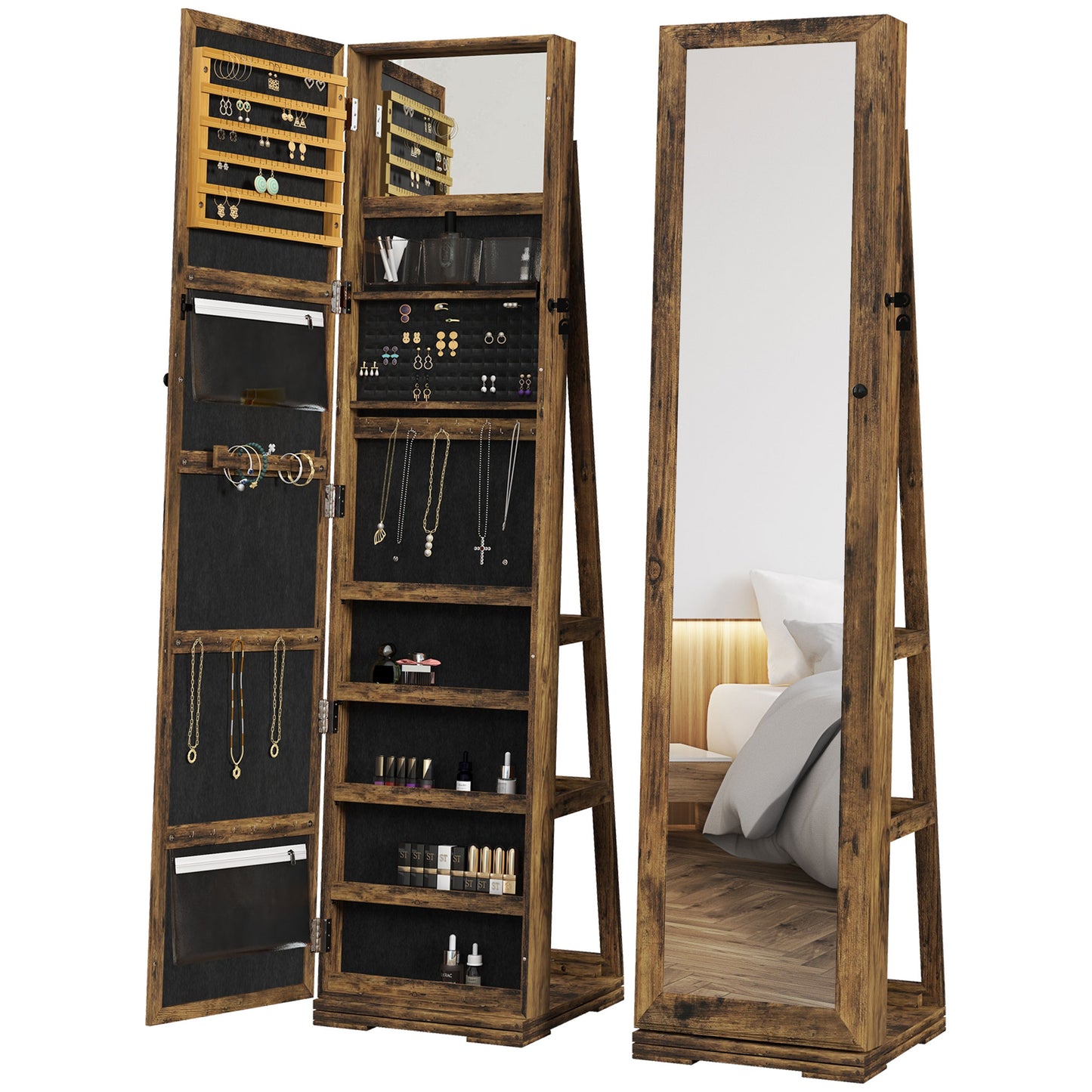 360° Swivel Jewelry Armoire, Lockable Mirror Jewelry Cabinet with Built-In Small Mirror, Rustic Brown Jewelry Armoire & Jewellery Mirror Cabinets   at Gallery Canada