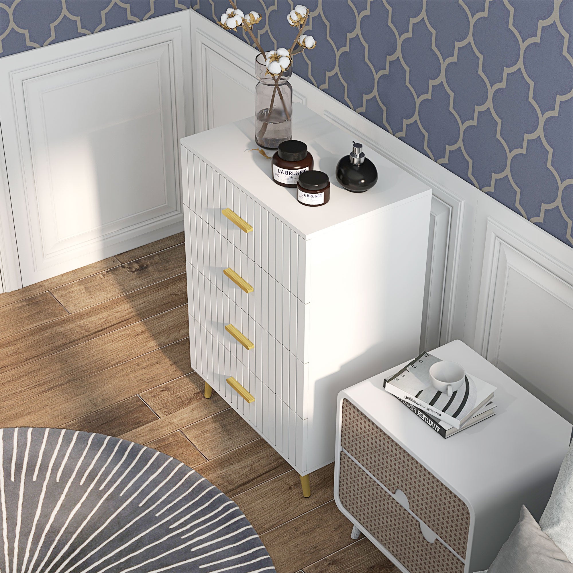 4 Drawer Cabinet, Drawer Chest for Bedroom, Chest of Drawers with Aluminium Legs and Gold Handles, White Storage Cabinets   at Gallery Canada