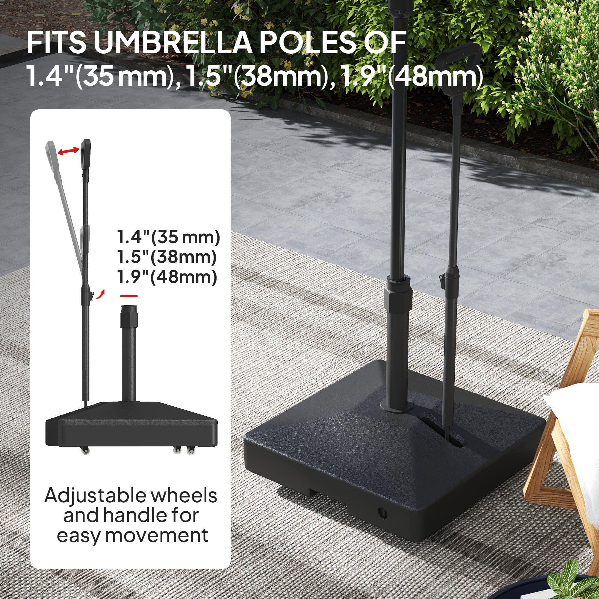 Patio Umbrella Base with Adjustable Wheels and Handle, Outdoor Patio Umbrella Stand, Filled Up to 121lbs with Stand, 99lbs with Water for Garden Poolside, Black Umbrella Bases at Gallery Canada