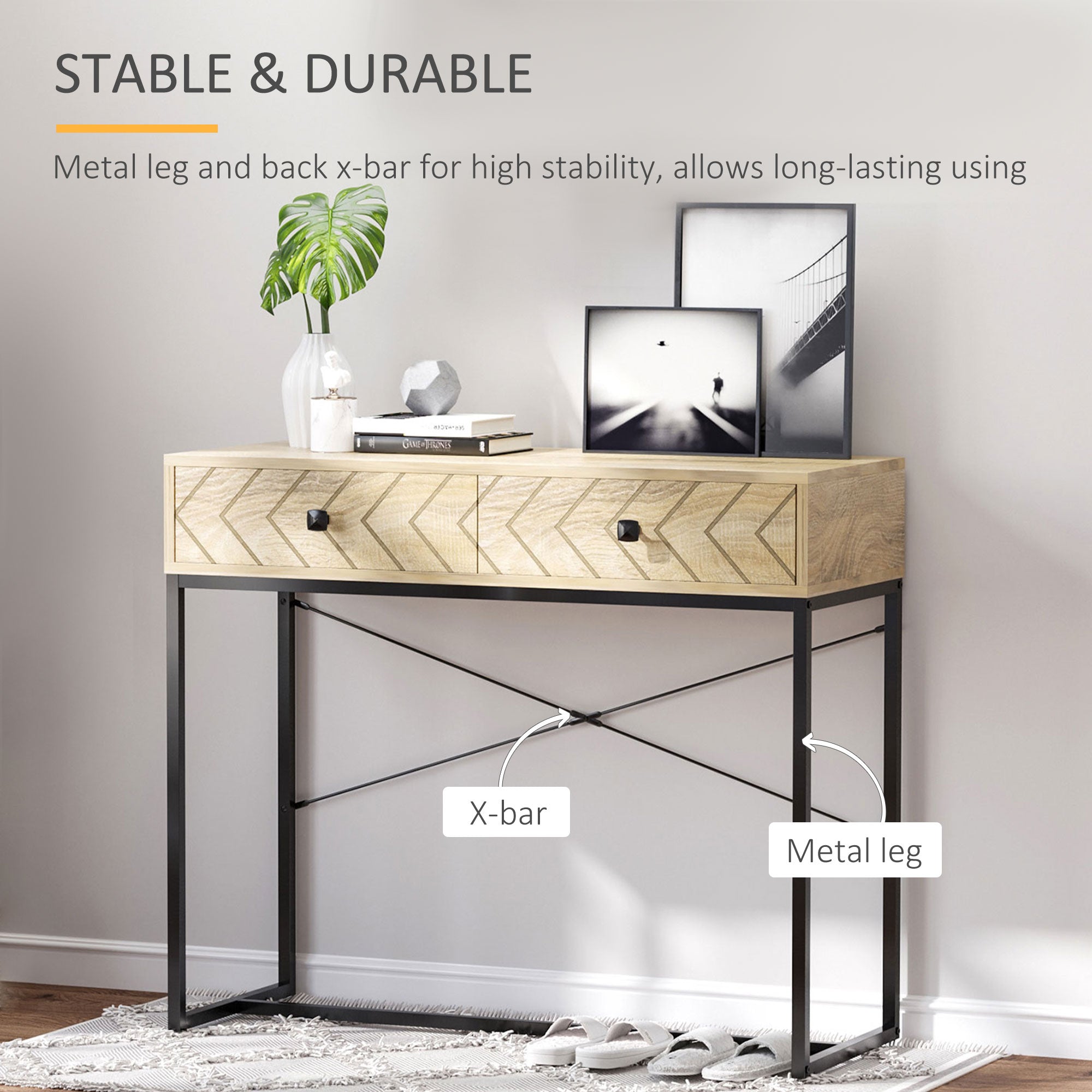 Industrial Console Table with 2 Storage Drawers, Elegant Side Table with Metal Frame and Back X-Bar for Living Room, Study Room, Office Console Tables   at Gallery Canada