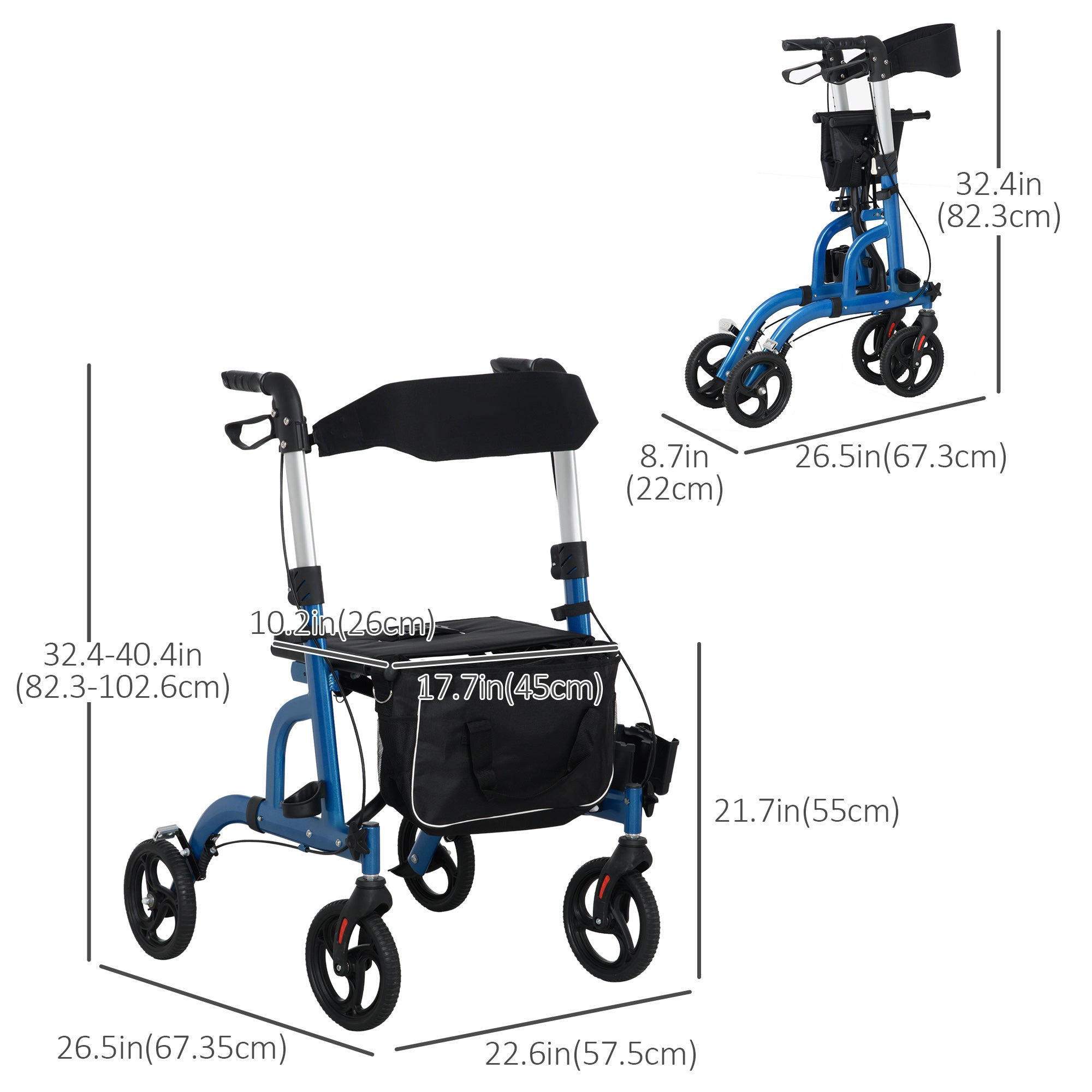 Rollator Walker for Seniors and Adults with 8'' Wheels, Padded Seat and Backrest, Storage Bag Blue Knee Walker & Wheelchair Ramps at Gallery Canada