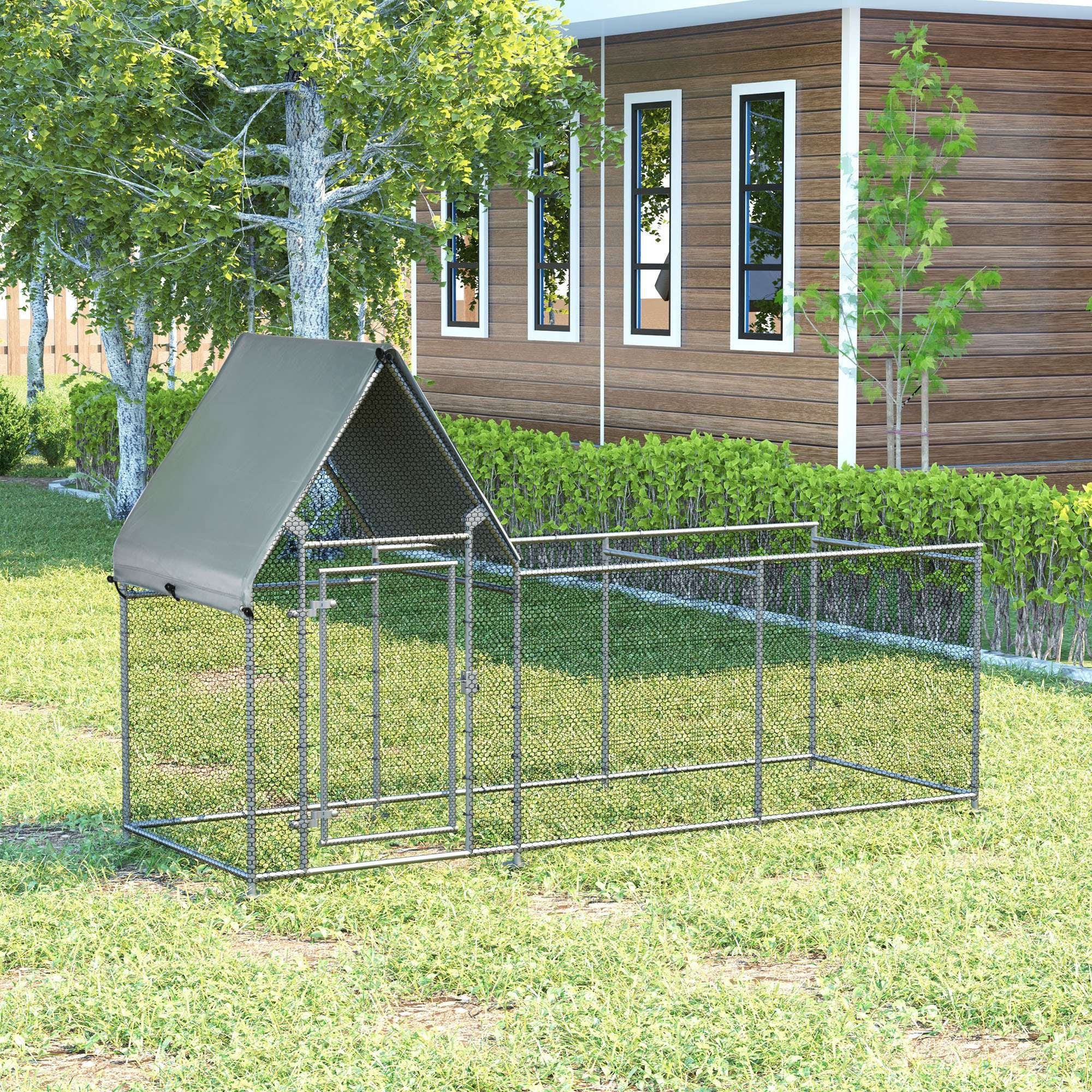 Large Galvanized Chicken Coop, Walk-In Poultry Cage with Cover, 119