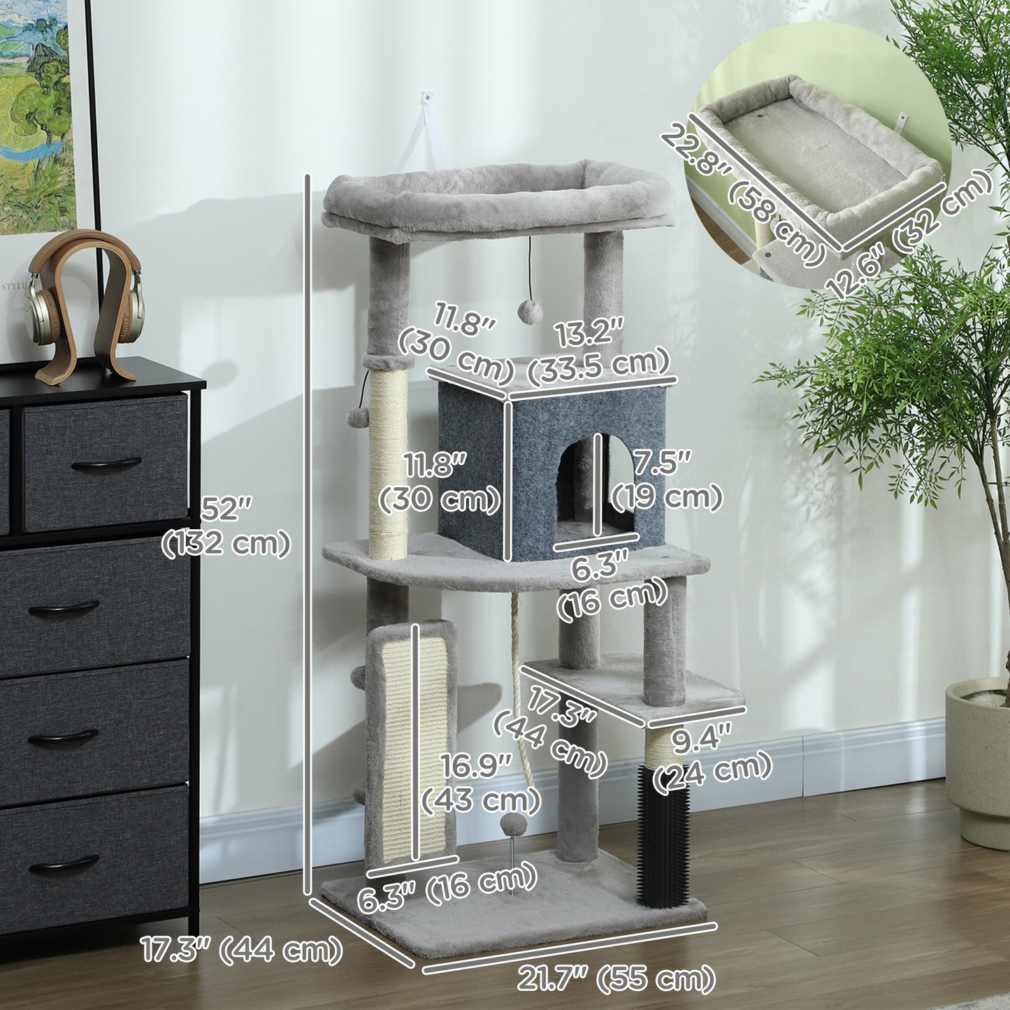 52 Inch Cat Tree with Scratching Posts, Cat Bed, Condo, Grooming Brush, Jumping Platforms, Toy Balls, Anti-tip Kit Cat Trees at Gallery Canada