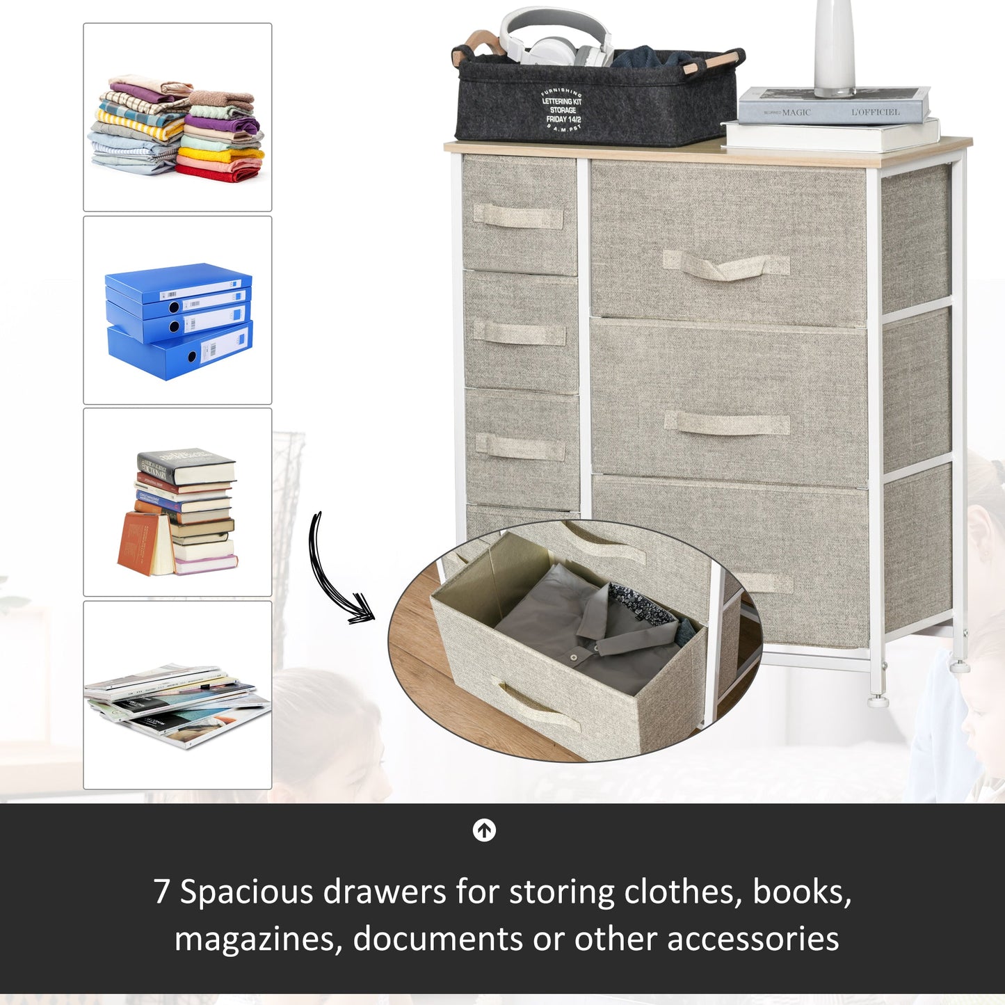 7-Bin Dresser Storage Tower Cabinet Organizer Unit, Easy Pull Fabric Bins with Metal Frame for Living Room, Grey Storage Cabinets   at Gallery Canada