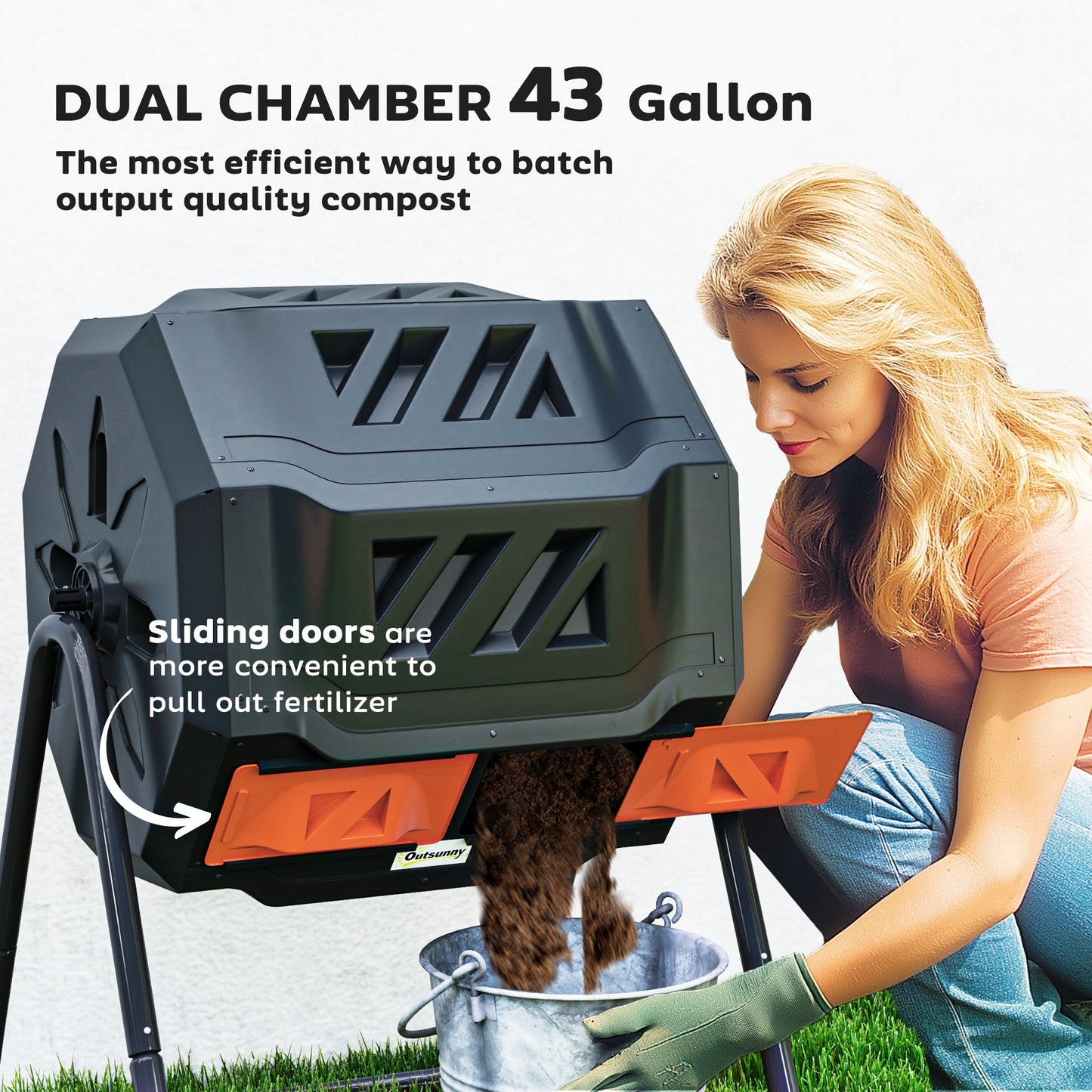 Tumbling Compost Bin Outdoor Dual Chamber 360° Rotating Composter 43 Gallon with Sliding Doors, Orange Garden Accessories at Gallery Canada