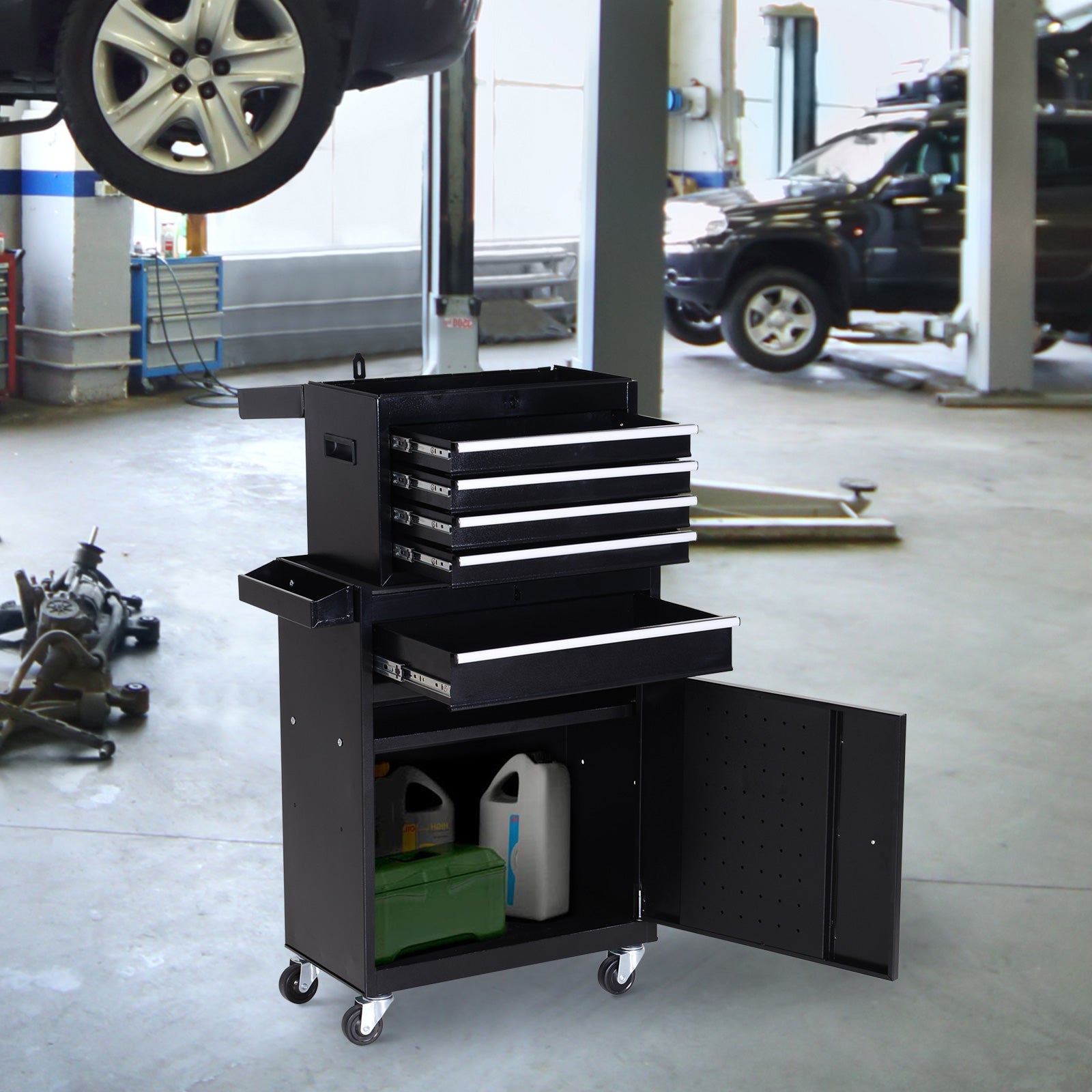 Rolling Tool Cabinet 2 in 1 Top Chest Storage Box 5 Drawers with Pegboard and Adjustable Shelf, Black Tool Organizers   at Gallery Canada