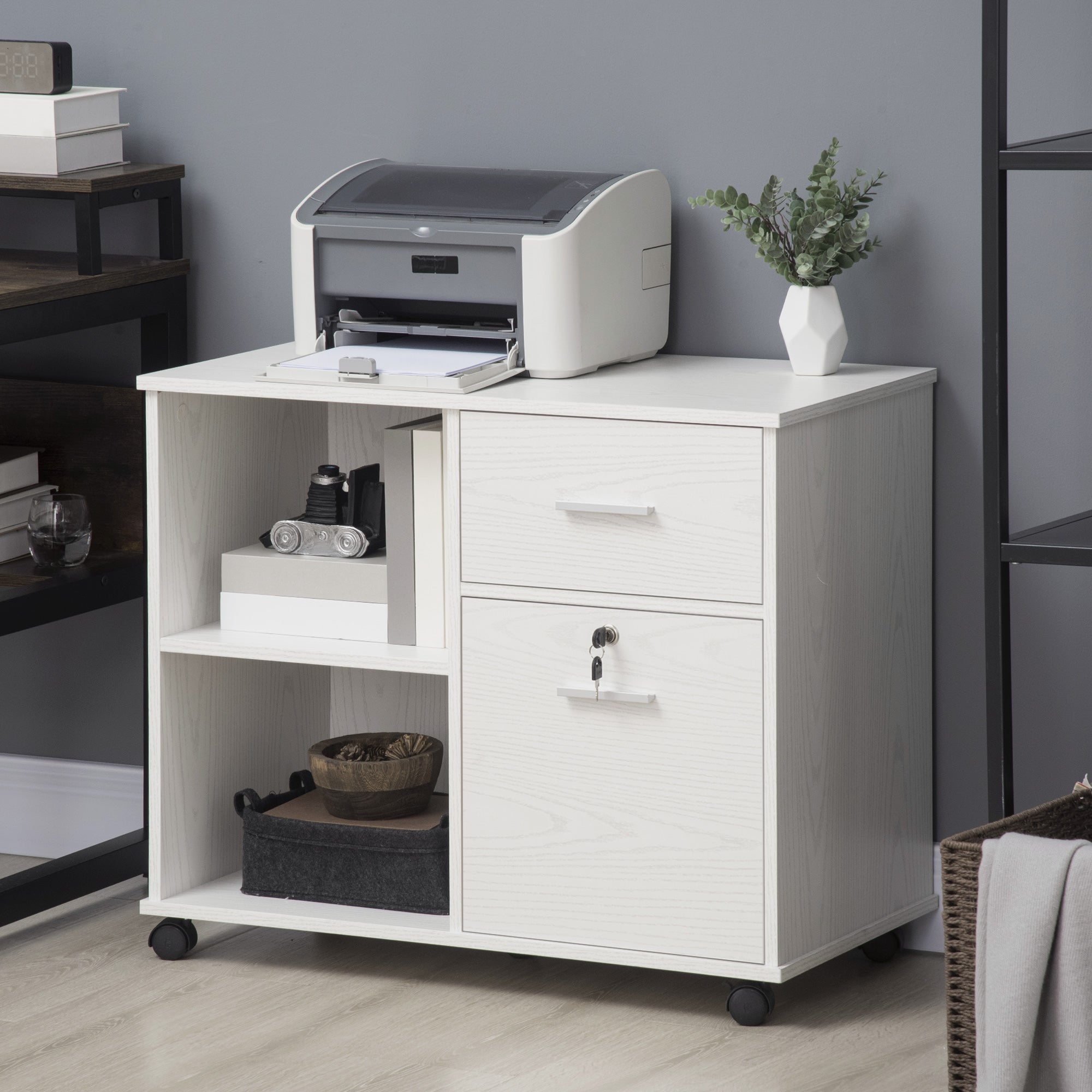 Lateral Filing Cabinet with Wheels, Locking File Cabinet, Mobile Printer Stand with Open Shelves and Drawers for A4 Size Documents, White Office Cabinets & Cupboards at Gallery Canada