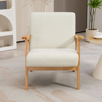 Mid-Century Modern Accent Chair Retro Fabric Armchair Wooden Arm Upholstered Lounge Chair for Living Room Cream White Accent Chairs   at Gallery Canada