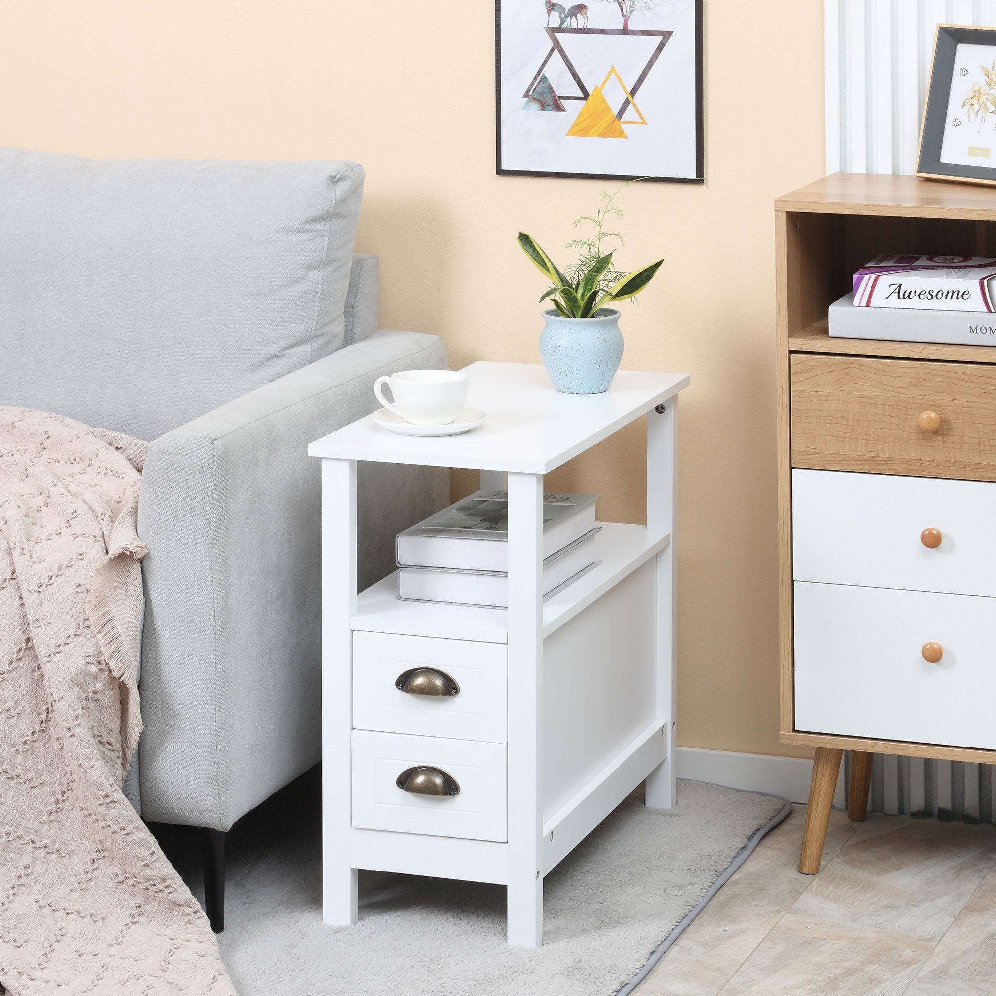 Slim End Table with 2 Drawers and Storage Shelf, Sofa Side Table for Living Room, Narrow Nightstand, White Side Tables   at Gallery Canada