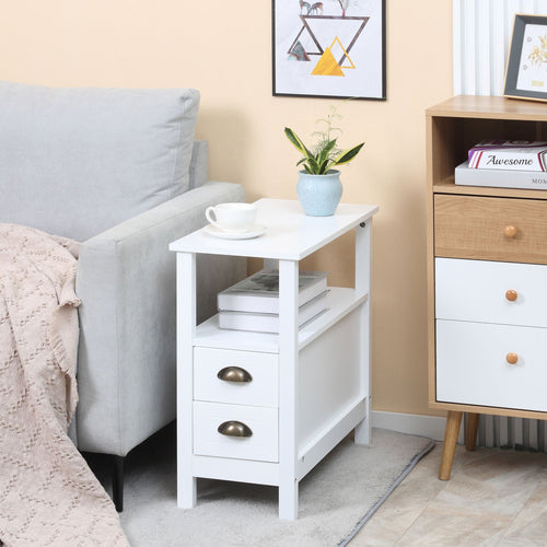 Slim End Table with 2 Drawers and Storage Shelf, Sofa Side Table for Living Room, Narrow Nightstand, White