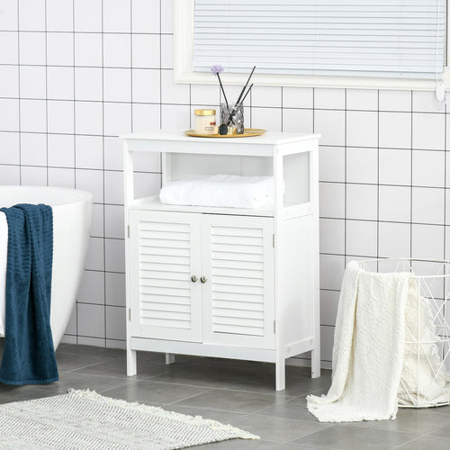 Bathroom Floor Storage Cabinet, Freestanding Bathroom Cabinet with Shutter Doors, Open Shelf and Adjustable Shelf, White