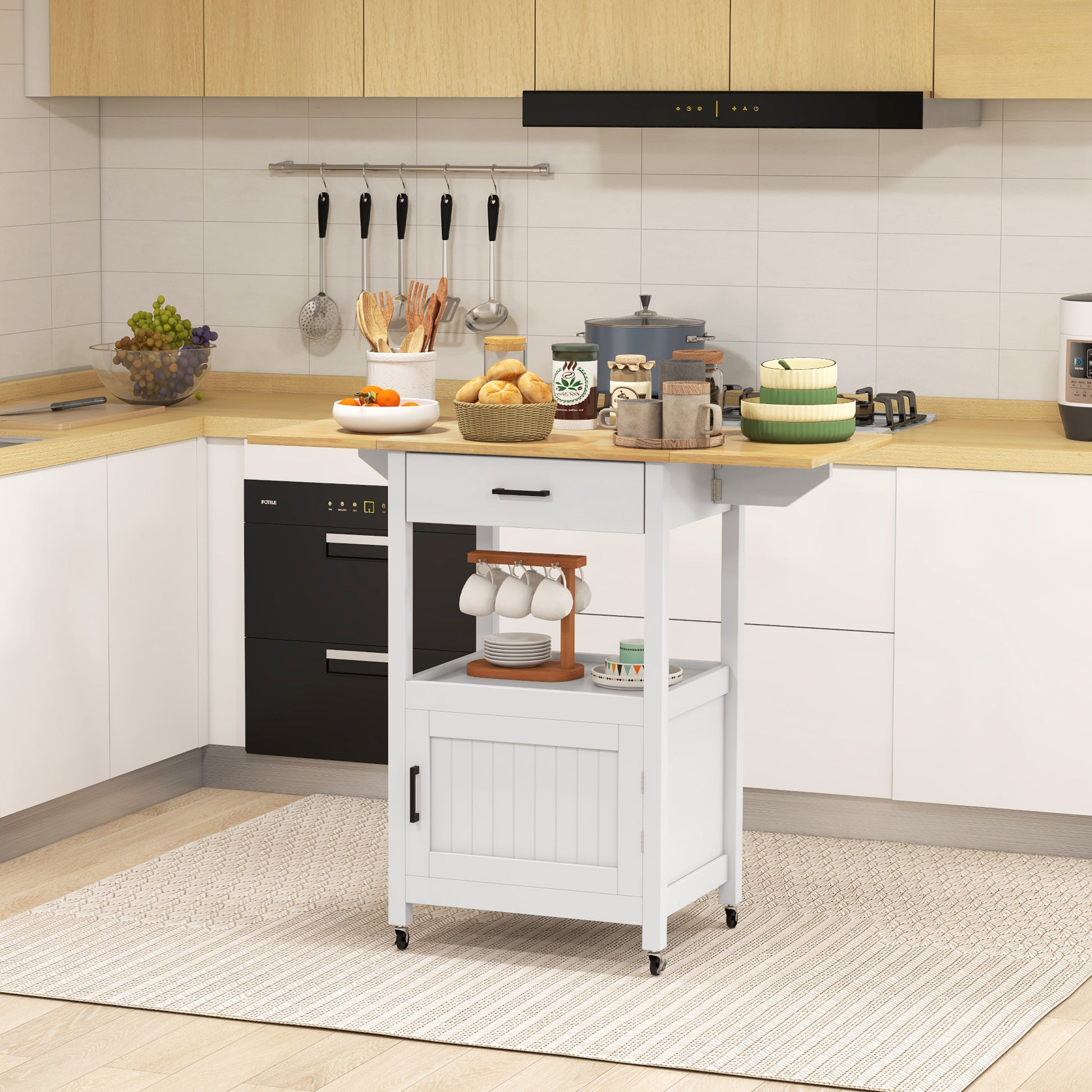 Foldable Kitchen Island with Storage Drawer, Wood Top Coffee Cart on Wheels, Kitchen Cart with Cabinet, White Kitchen Islands & Kitchen Carts   at Gallery Canada