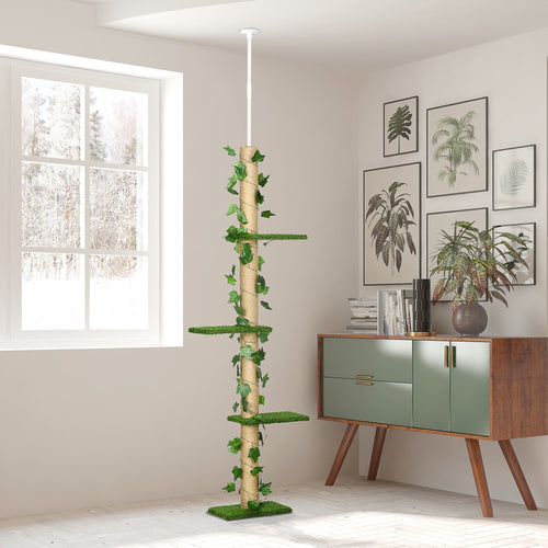 4-Tier Floor to Ceiling Cat Tree, Height(80-95Inches)Adjustable, Tall Cat Tower w/ Anti-Slip Kit, Leaves, Multi-Layer Activity Centre w/ Scratching Post