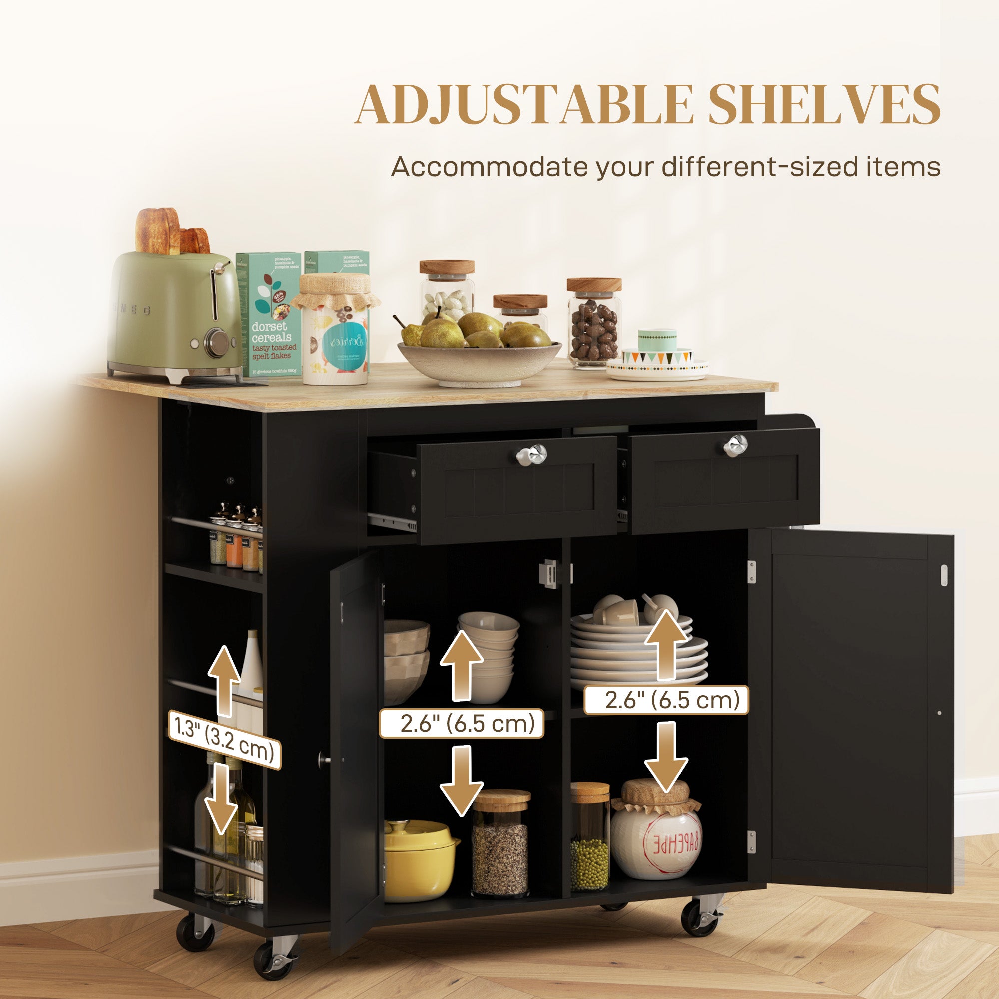 Kitchen Island with Power Outlet and Drop Leaf, Rolling Kitchen Cart with 2 Drawers and Adjustable Shelves, Black Kitchen Islands & Kitchen Carts at Gallery Canada