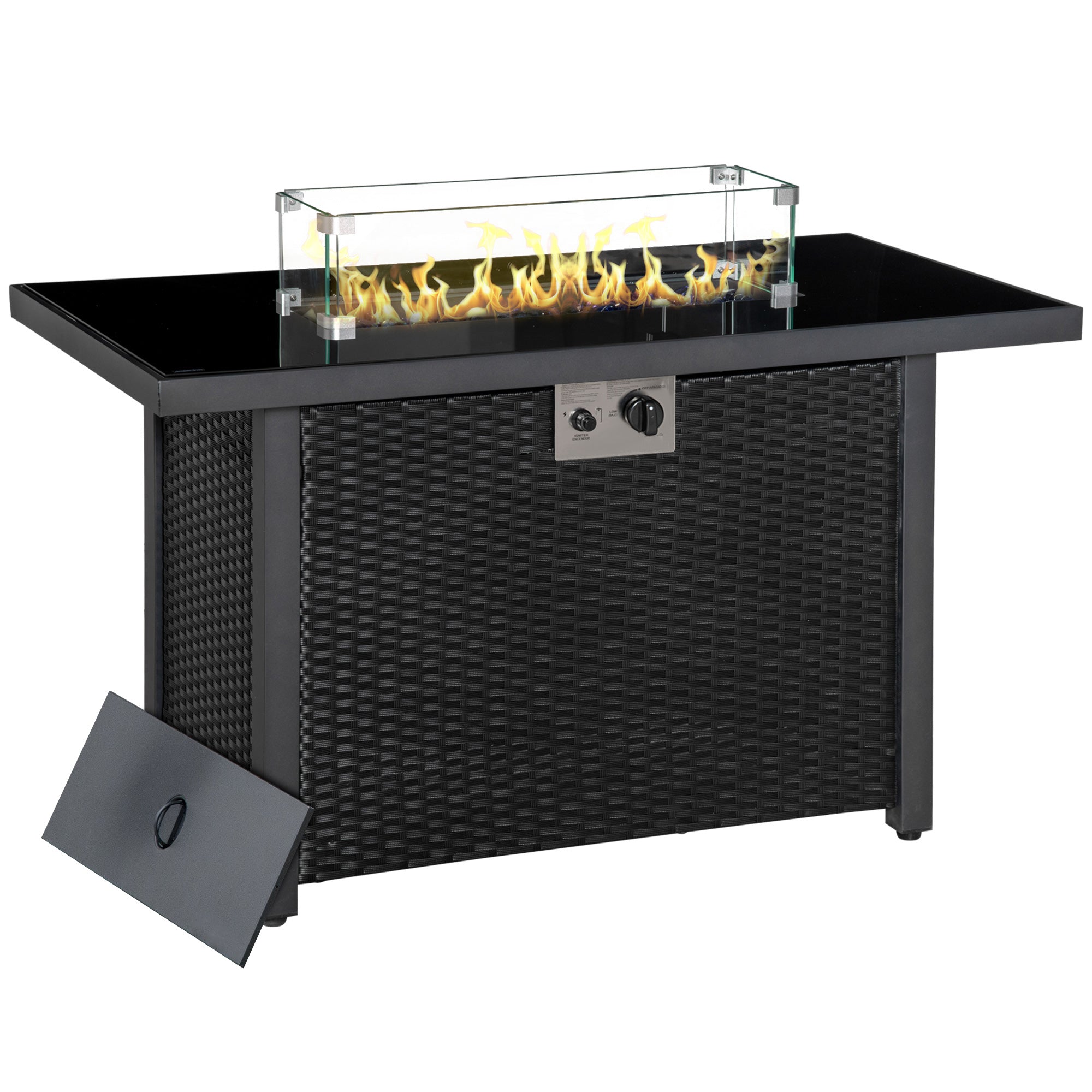 Propane Fire Pit Table 43in Outdoor Square Fire Table, 50,000 BTU Pulse-Ignition Wicker Firepit Furniture with Glass Wind Guard, Blue Glass Rock, CSA Certification, Black Fire Pits Black at Gallery Canada