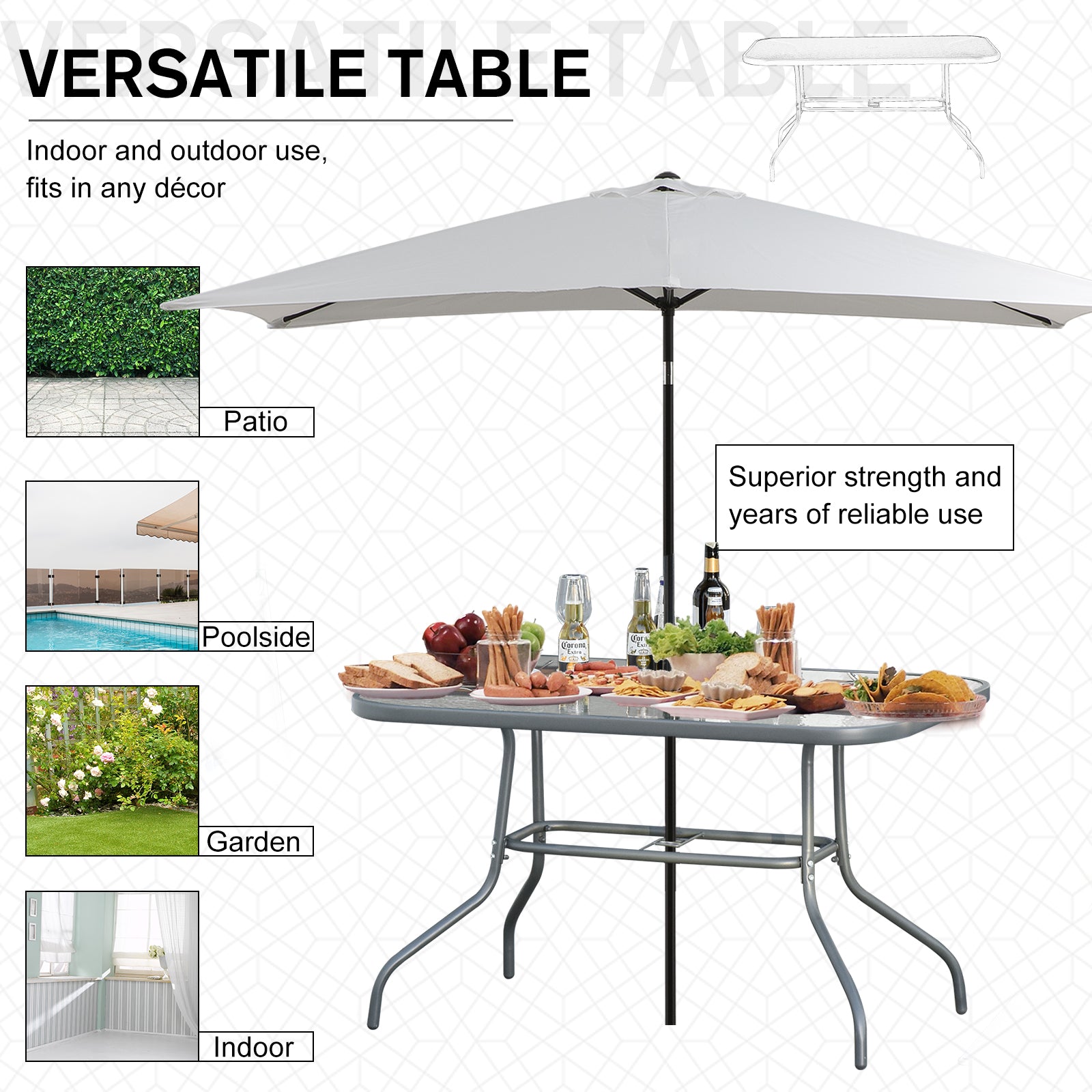 Metal Garden Dining Tables Outdoor Patio w/ Tempered Glass Top, Umbrella Hole, 47.25" x 31.5" Patio Dinning Tables   at Gallery Canada