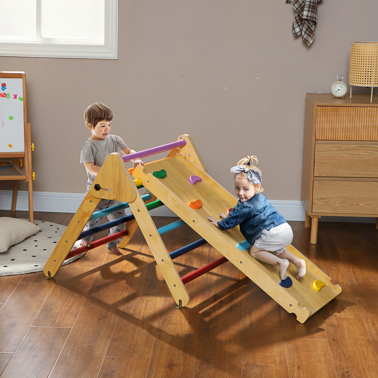 Pikler Triangle Set, 2 in 1 Climbing Toys with Ramp for Toddlers, Nature Wood Baby Gym & Playmats Multi Colour  at Gallery Canada