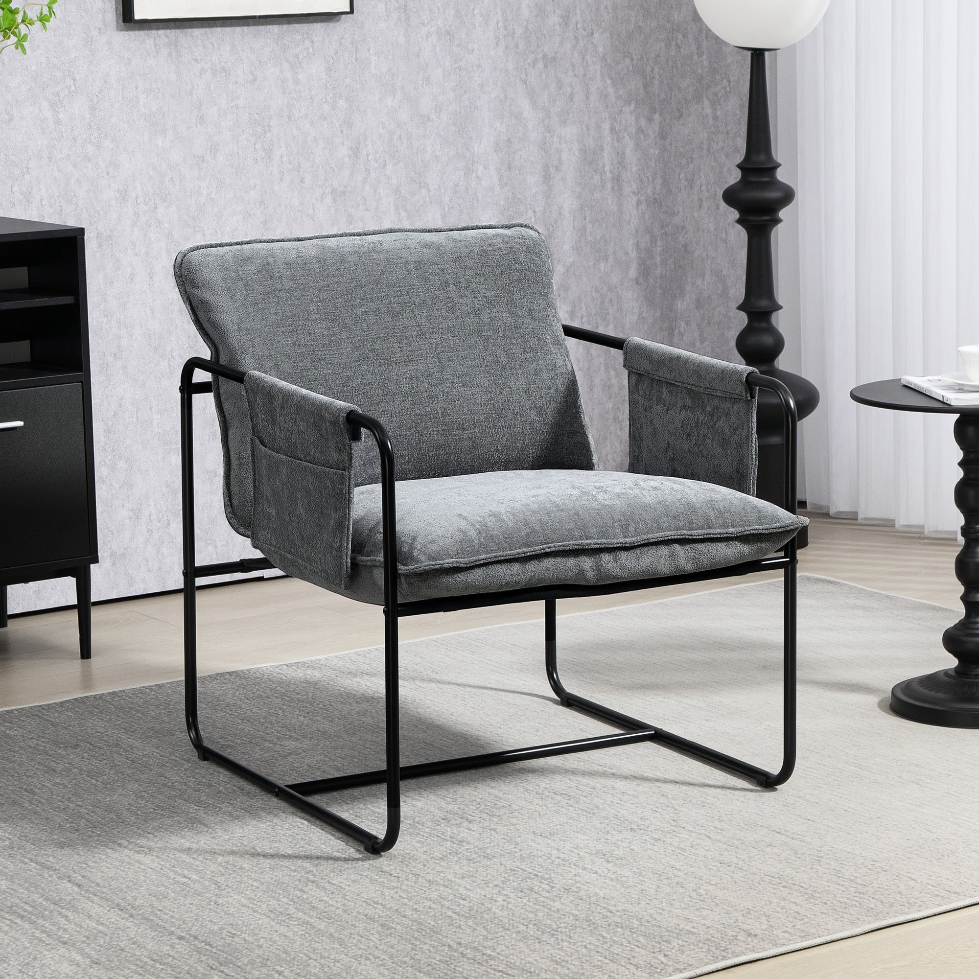 Modern Accent Chair, Upholstered Armchair with Side Pockets and Steel Frame, Comfy Reading Chair for Bedroom, Grey Accent Chairs Grey at Gallery Canada