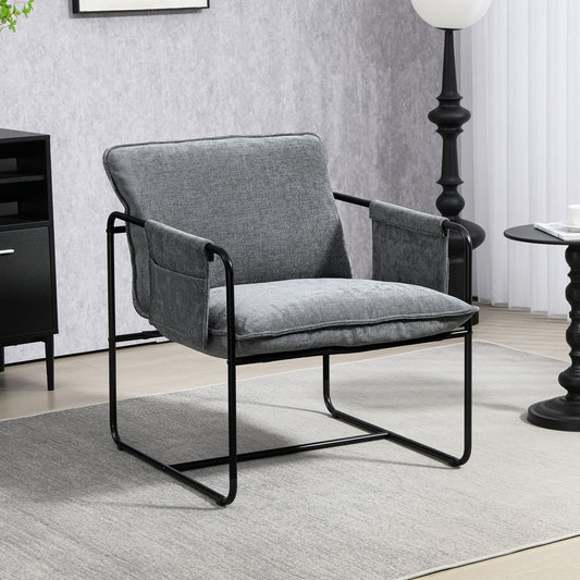 Modern Accent Chair, Upholstered Armchair with Side Pockets and Steel Frame, Comfy Reading Chair for Bedroom, Grey Accent Chairs at Gallery Canada