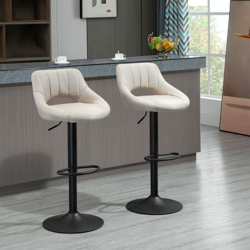 Bar Stools Set of 2, Swivel Counter Height Barstools with Adjustable Height, Linen Upholstered Bar Chairs with Round Metal Base and Footrest, Cream
