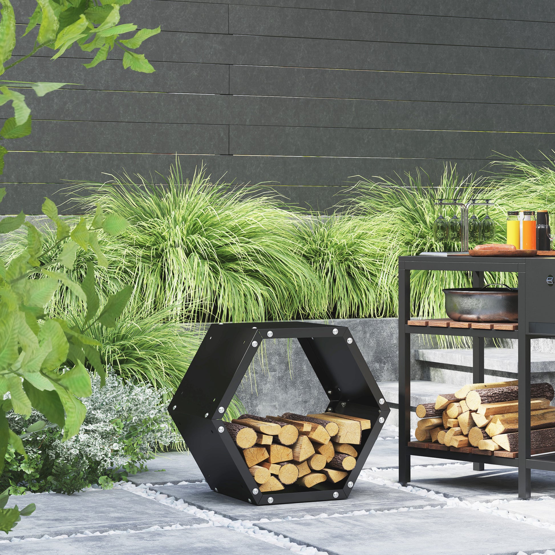 Hexagon Firewood Log Rack Heavy-Duty Steel Log Holder for Outdoor Indoor Use, 25.6" x 14.6" x 22.4", Black Firewood Racks Black  at Gallery Canada