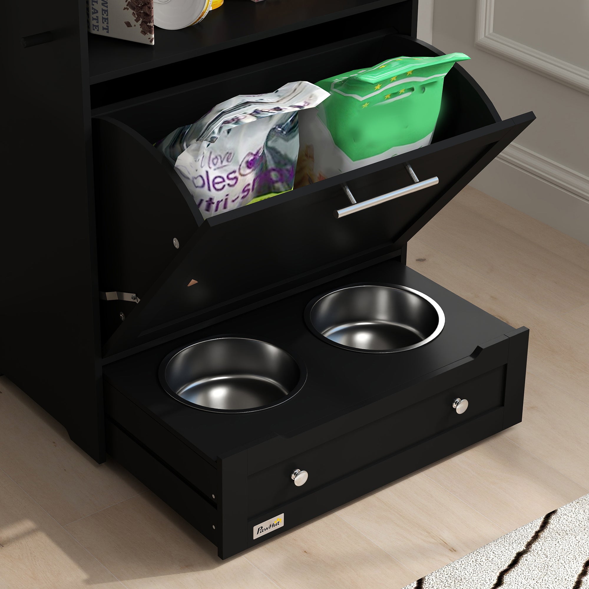 Pet Feeder Station Storage Cabinet, Dog Food Storage Container with Dog Raised Bowls, Watering Supplies, Black Dog Bowls at Gallery Canada