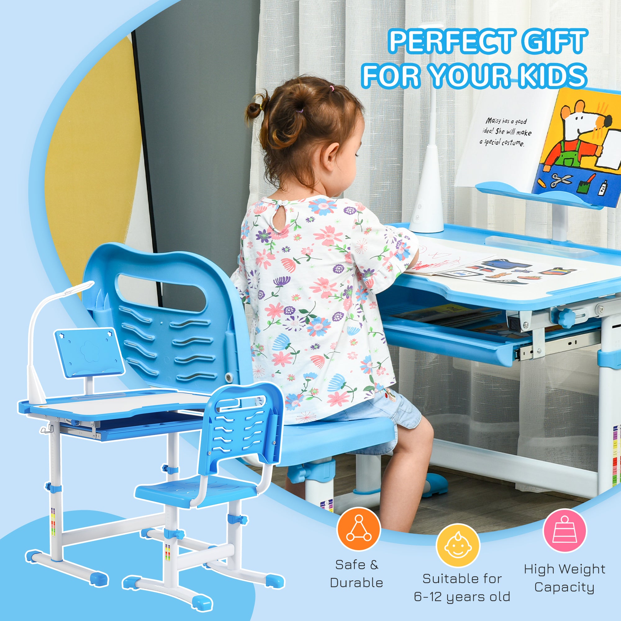 Kids Desk and Chair Set Height Adjustable Student Writing Desk Children School Study Table with Tilt Desktop, Blue Kids Desk Sets at Gallery Canada