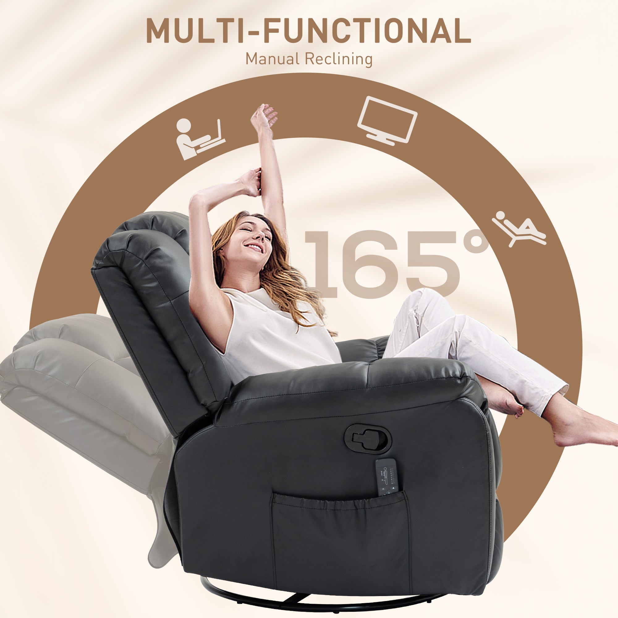 8-Point Vibration Massage Recliner Chair for Living Room, PU Leather Manual Reclining Chair, Swivel Recliner with Remote Control, Rocking Function, Black Single Sofas   at Gallery Canada