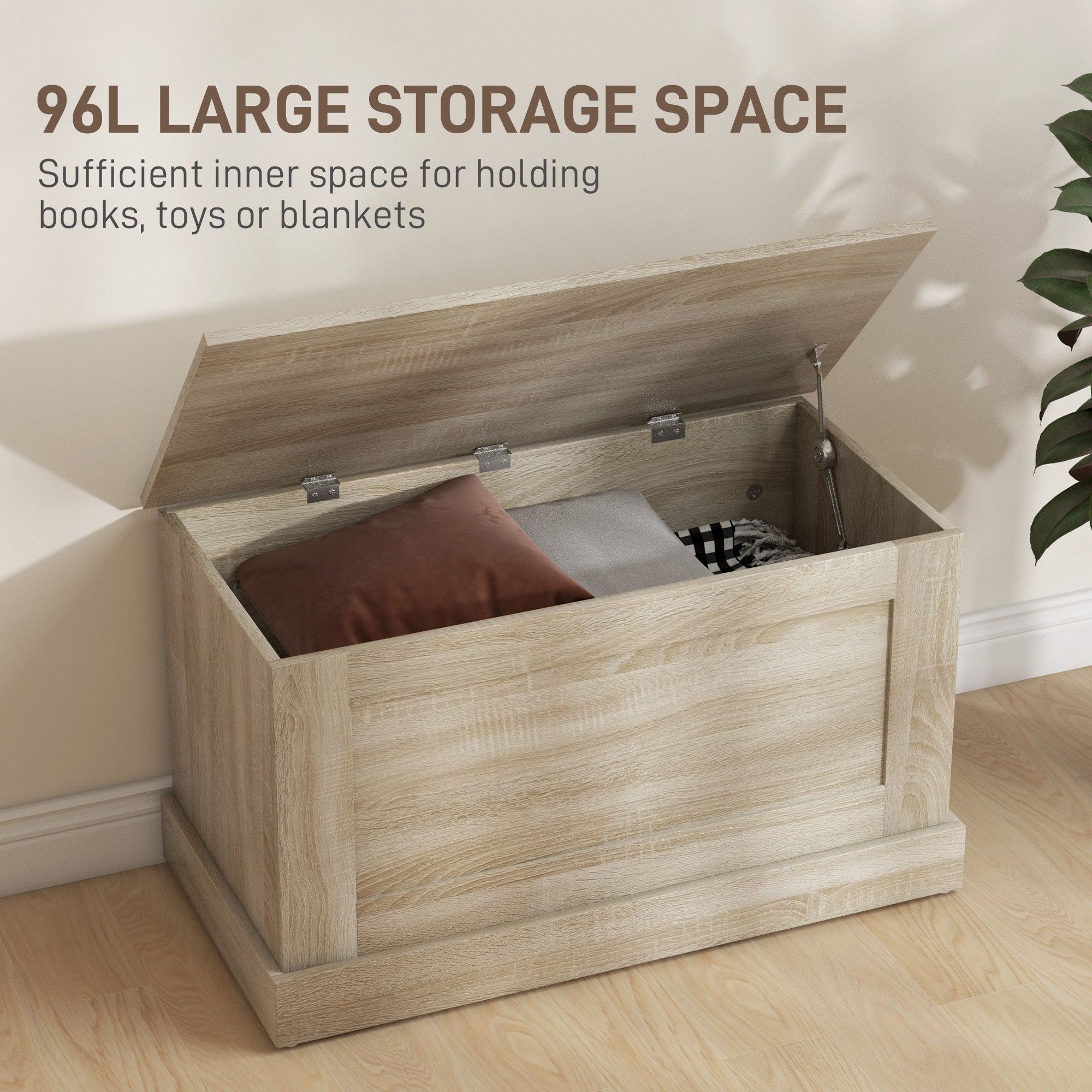 31.5 Inches Storage Chest, Storage Trunk with Safety Hinge, Wooden Toy Box for Living Room, Natural Wood Grain Storage Cabinets   at Gallery Canada