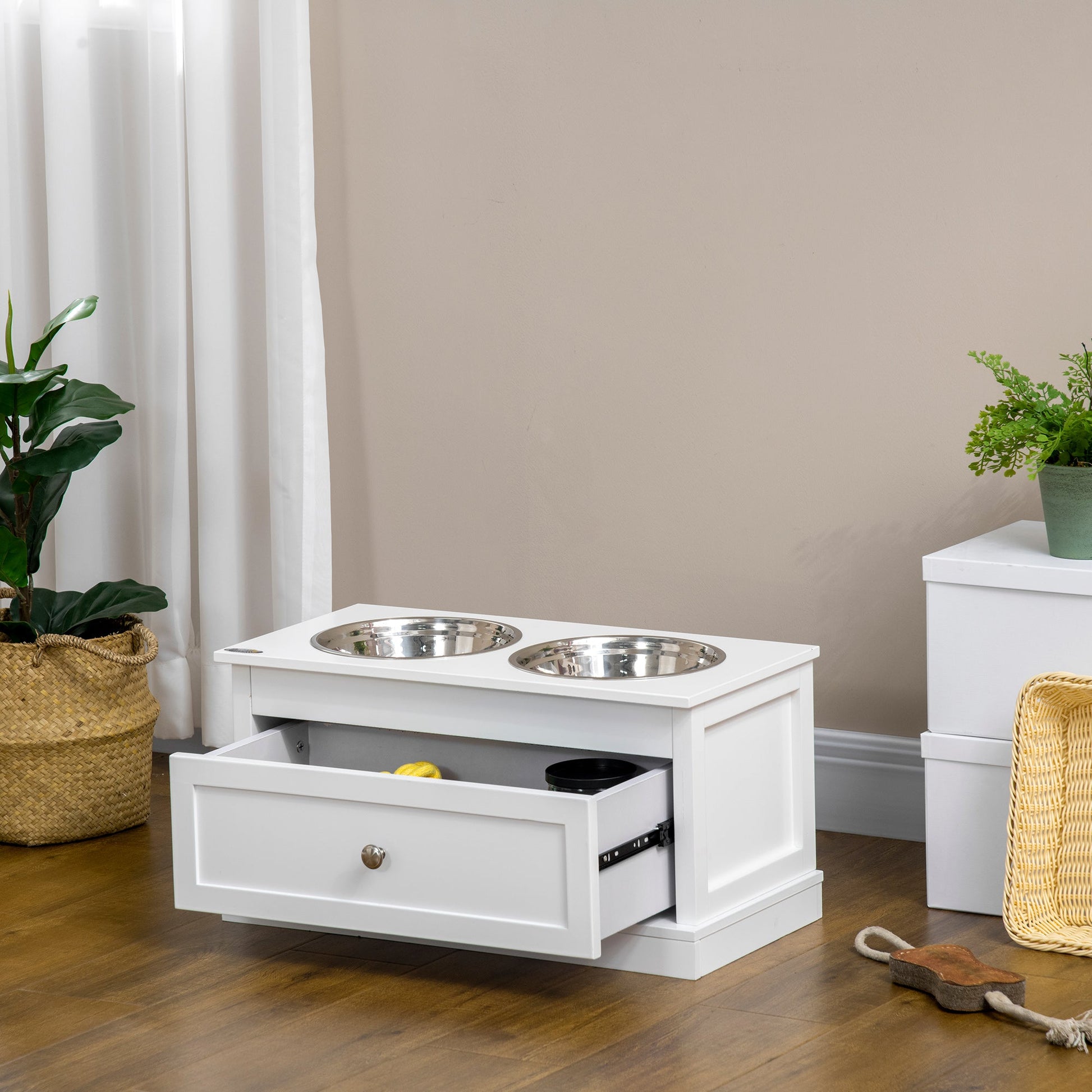 Elevated Dog Bowls with Storage Drawer for Large Dogs, White Dog Bowls   at Gallery Canada