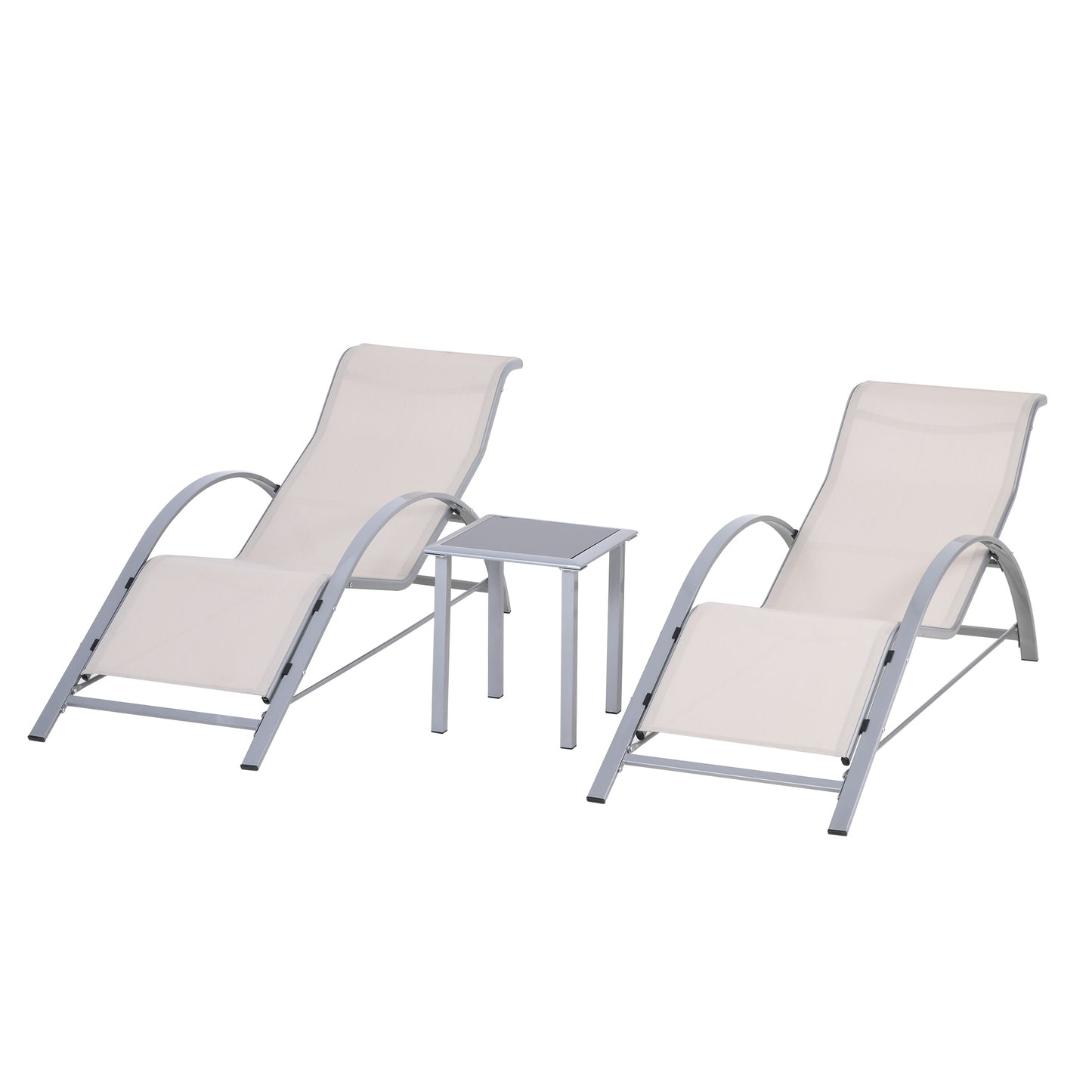 3 Pieces Patio Pool Lounge Chairs Set, Outdoor Chaise lounge with 2 S-Shaped Sunbathing Chairs and a Glass Top Table, for Yard Garden, Cream White Lounger Chairs   at Gallery Canada