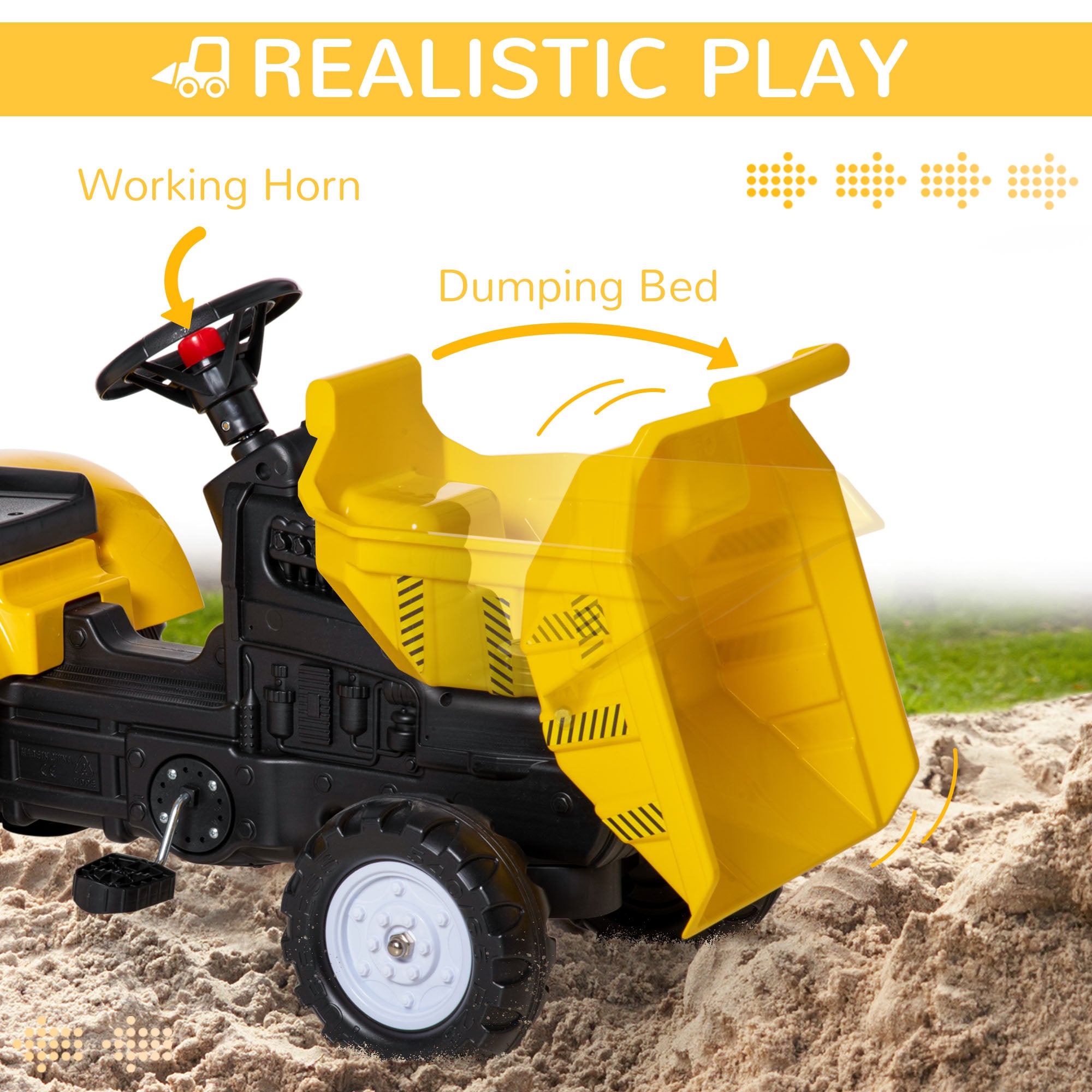 Ride On Toy Pedal Dump Truck, Front Loader Construction Tractor with Detachable Trailer, Yellow Toy Excavators   at Gallery Canada