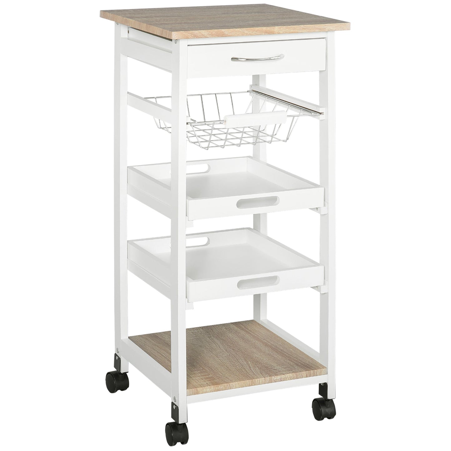 Rolling Kitchen Island Cart, Mobile Utility Storage Cart with Drawer, Wire Storage Basket, Removable Tray, White Kitchen Islands & Kitchen Carts   at Gallery Canada