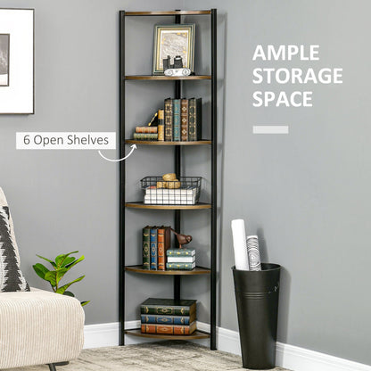 6-Tier Corner Shelf, Corner Bookshelf with Metal Frame, for Living Room, Bedroom, Kitchen, Dark Brown Display Bookshelves   at Gallery Canada