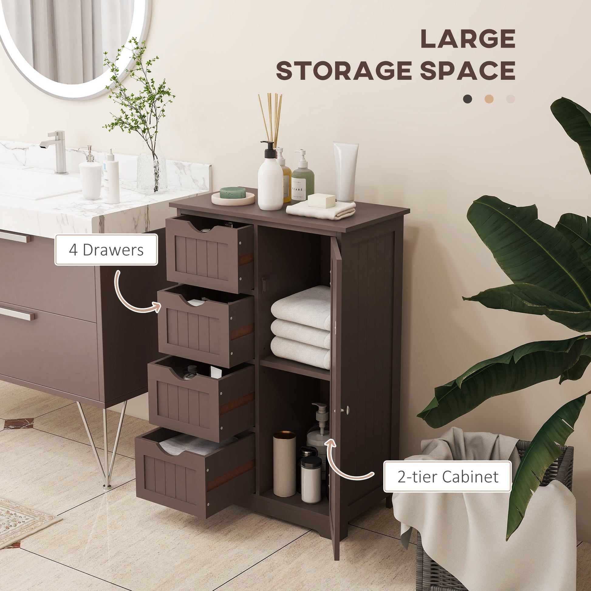 Bathroom Storage Cabinet, Floor Cabinet with Adjustable Shelf and 4 Drawers, Side Cabinet for Washroom, Brown Bathroom Cabinets   at Gallery Canada