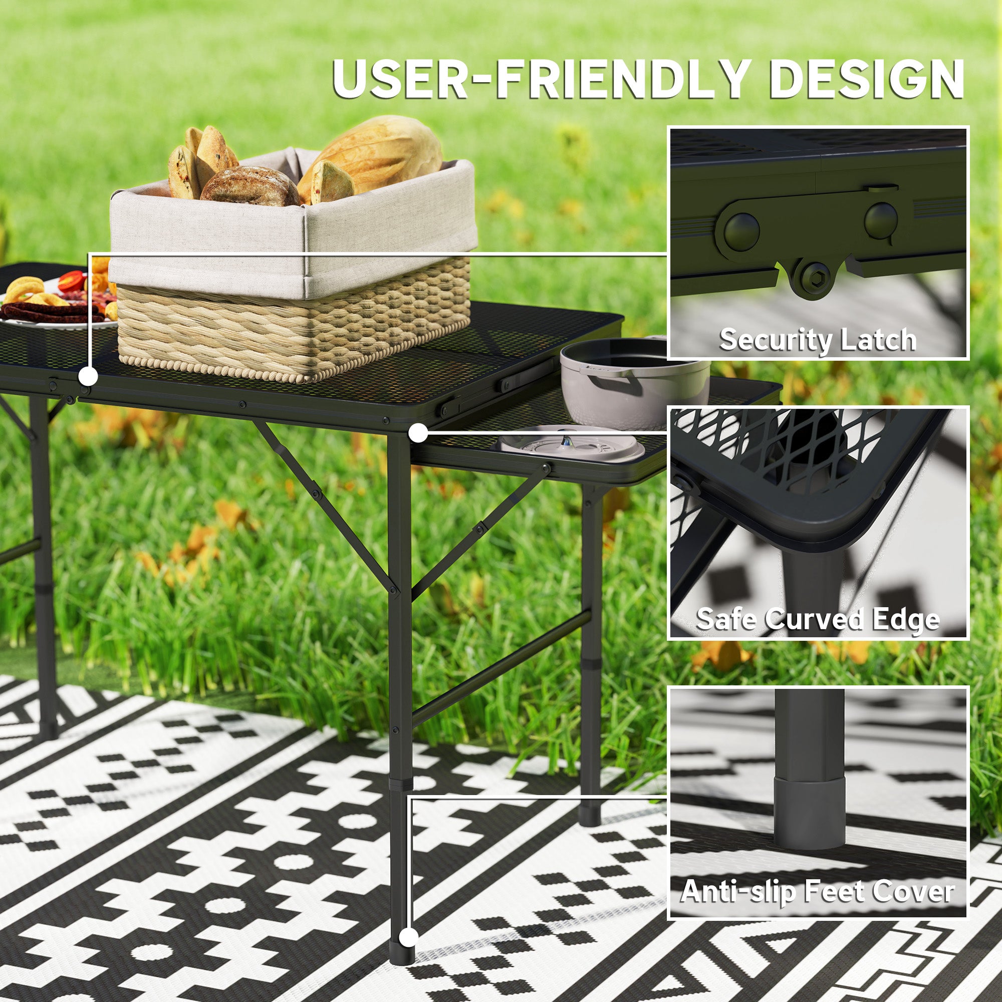 4.5ft Folding Grill Table, Height Adjustable Camping Table w/ Wing Panels, Metal Portable Picnic Table w/ Mesh Desktop Picnic Tables & Camping Chairs at Gallery Canada