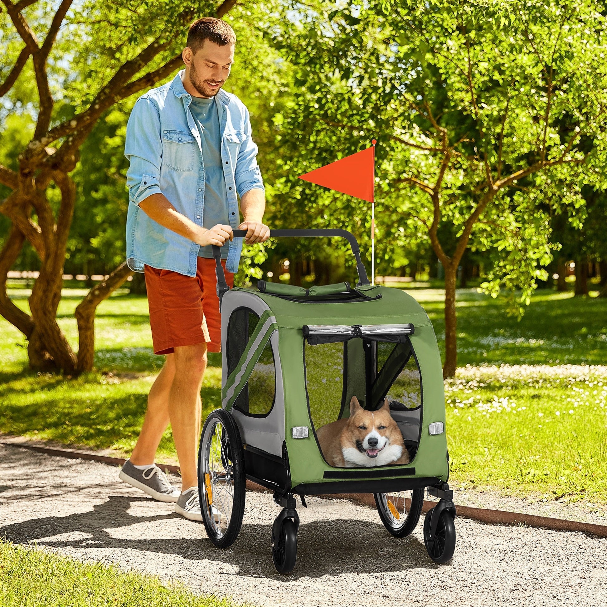 Dog Bike Trailer, 2-in-1 Dog Wagon Pet Stroller for Travel with Universal Wheel Reflectors Flag, for Small and Medium Dogs, Green Dog Bike Trailers & Strollers   at Gallery Canada