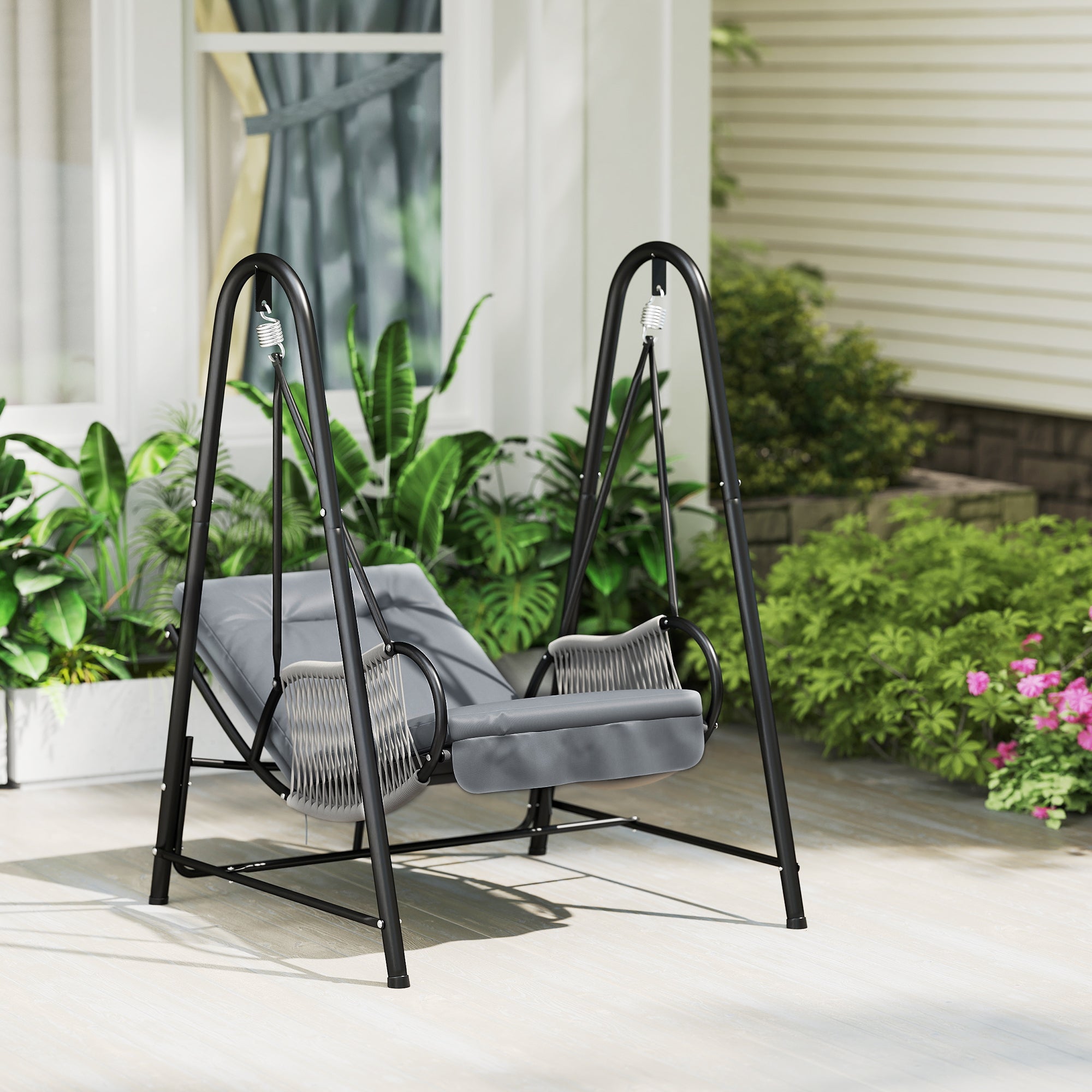 Rattan Hammock Chair with Stand Included, Hanging Swing Chair with Stand and Seat Cushion, Light Grey Patio Swings with Stand Light Grey at Gallery Canada