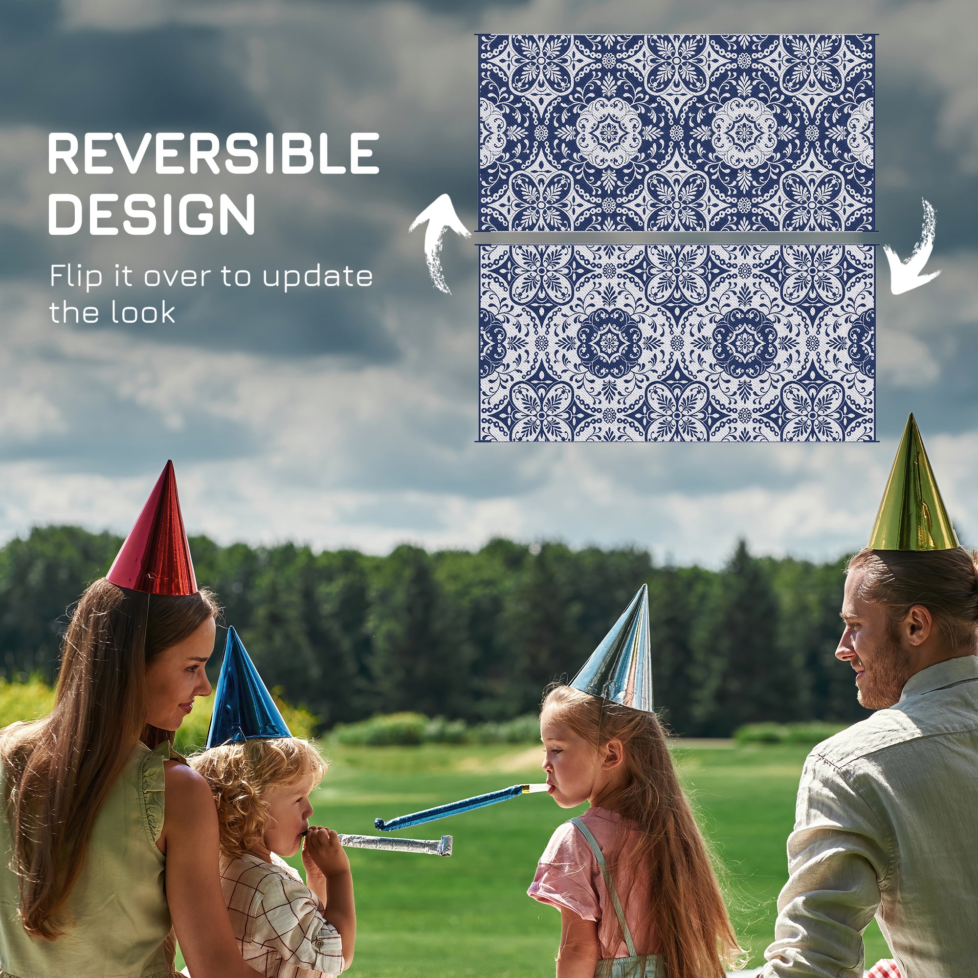 Portable Outdoor Rug with Carry Bag, 9' x 18' Reversible Mat, Waterproof Plastic Straw RV Rug for Backyard, Deck, Picnic, Beach, Camping, Blue &; White Flower Outdoor Reversible Rugs at Gallery Canada