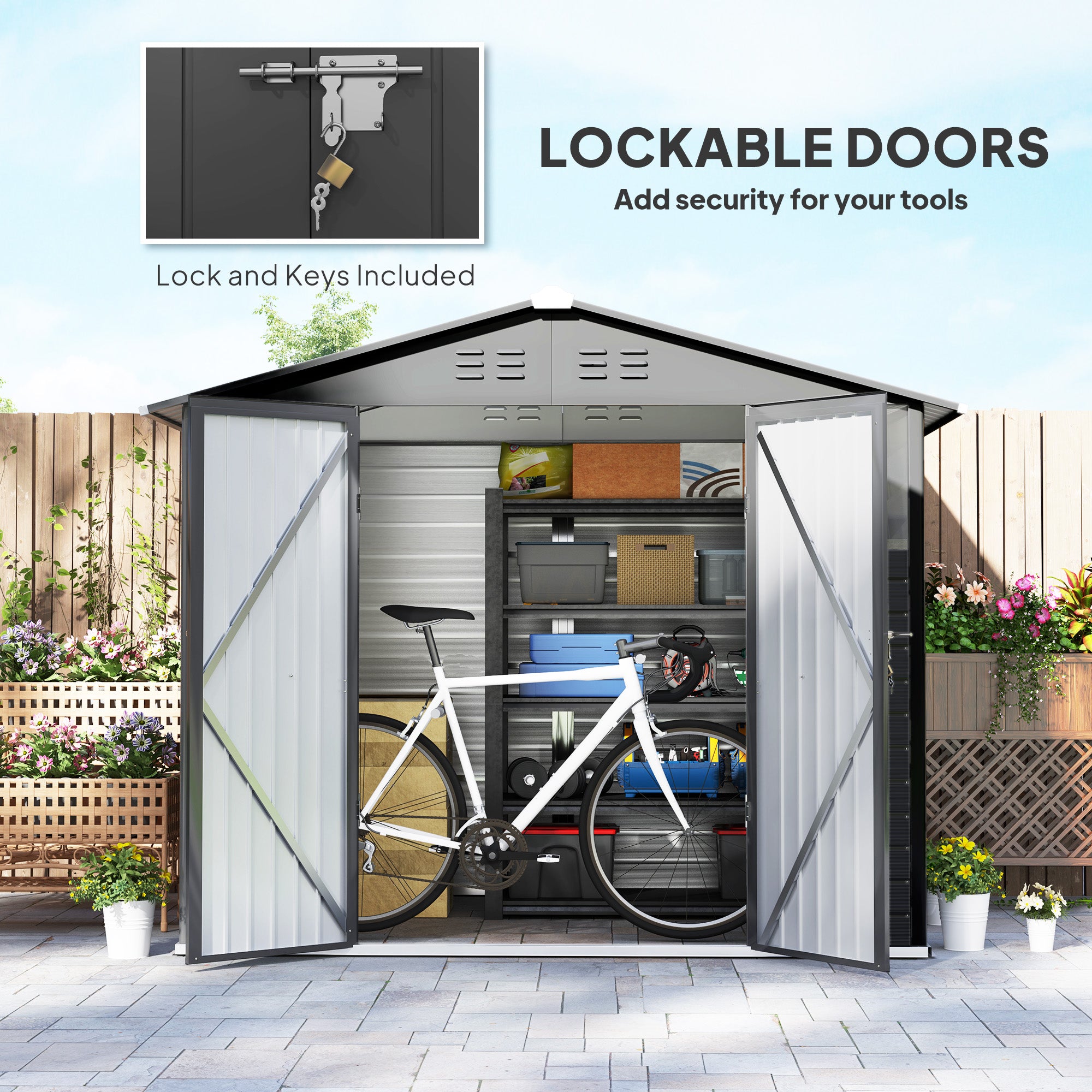 8' x 6' Outdoor Storage Shed, Metal Garden Shed with 2 Windows, 4 Vents, Lockable Doors and Gloves, Dark Grey Sheds at Gallery Canada