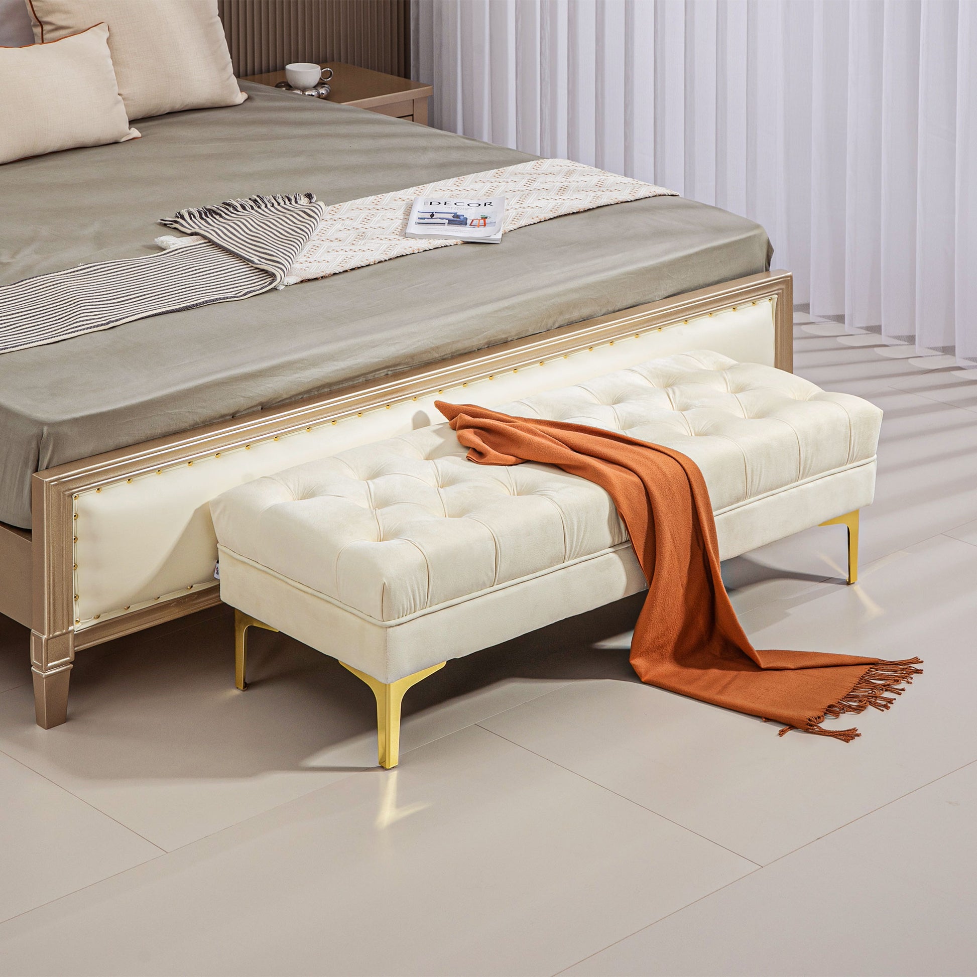 End of Bed Bench, Upholstered Bench, Entryway Shoe Bench with Button Tufted for Living Room, Bedroom, Cream White Storage Ottomans & Benches Cream  at Gallery Canada