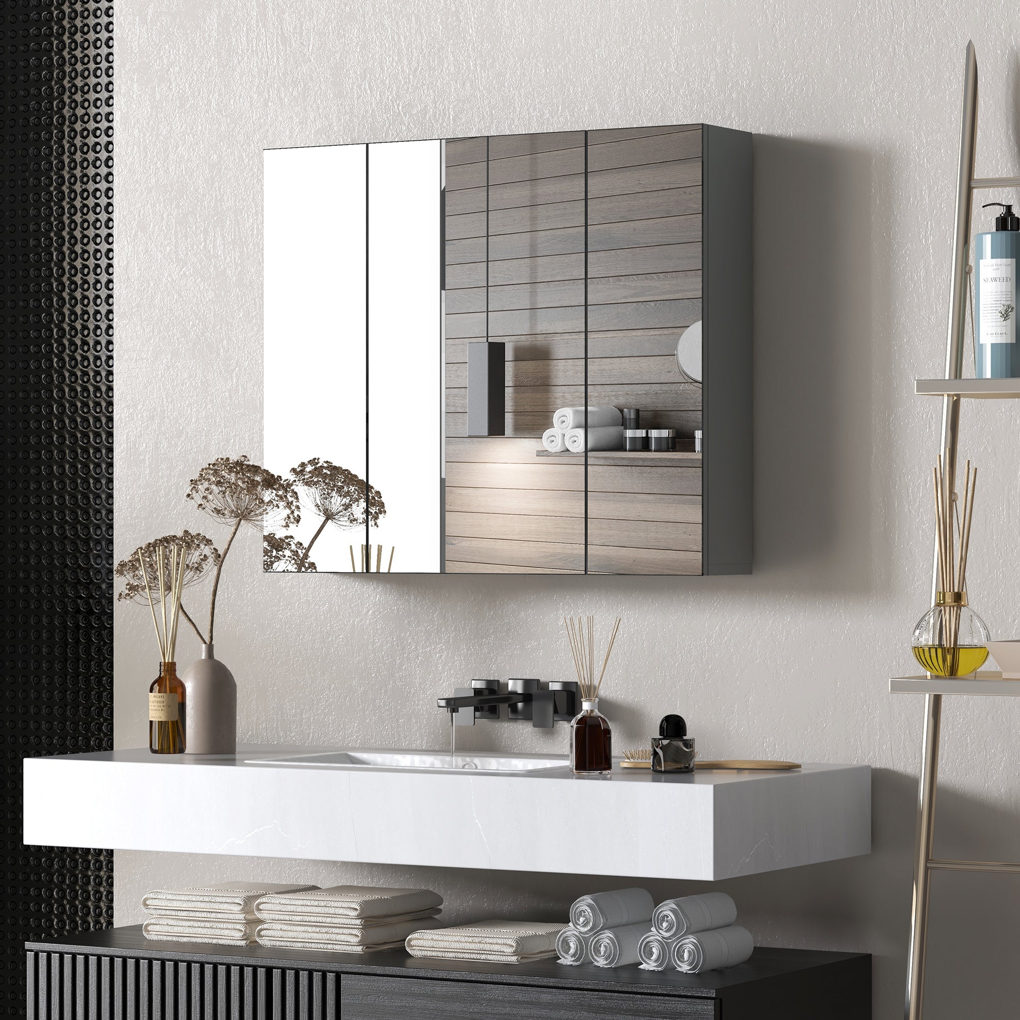 Wall Mounted Mirror Cabinet, Bathroom Medicine Cabinet with Mirror, 3 Doors and Adjustable Shelves, Gray Mirror Medicine Cabinets   at Gallery Canada