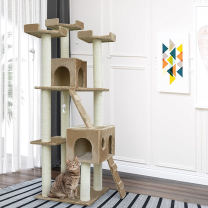 71-Inch Cat Tree Furniture Pet Tower House with Scratch Post and Condo, Beige Cat Towers   at Gallery Canada