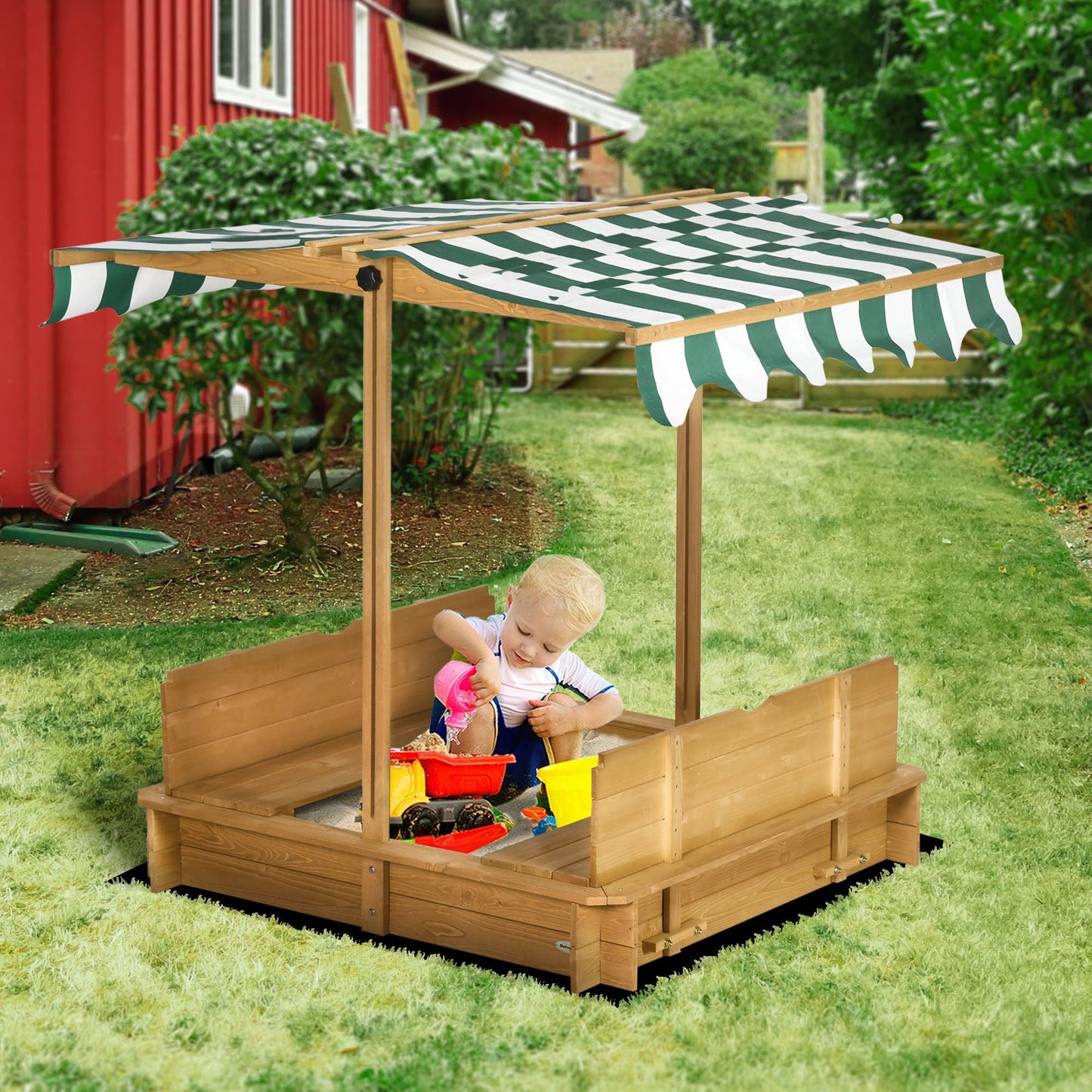 Wooden Kids Sandbox with Cover, Sand Play Station with Foldable Bench Seats and Adjustable Canopy, Light Brown Sandboxes & Accessories   at Gallery Canada