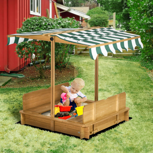 Wooden Kids Sandbox with Cover, Sand Play Station with Foldable Bench Seats and Adjustable Canopy, Light Brown