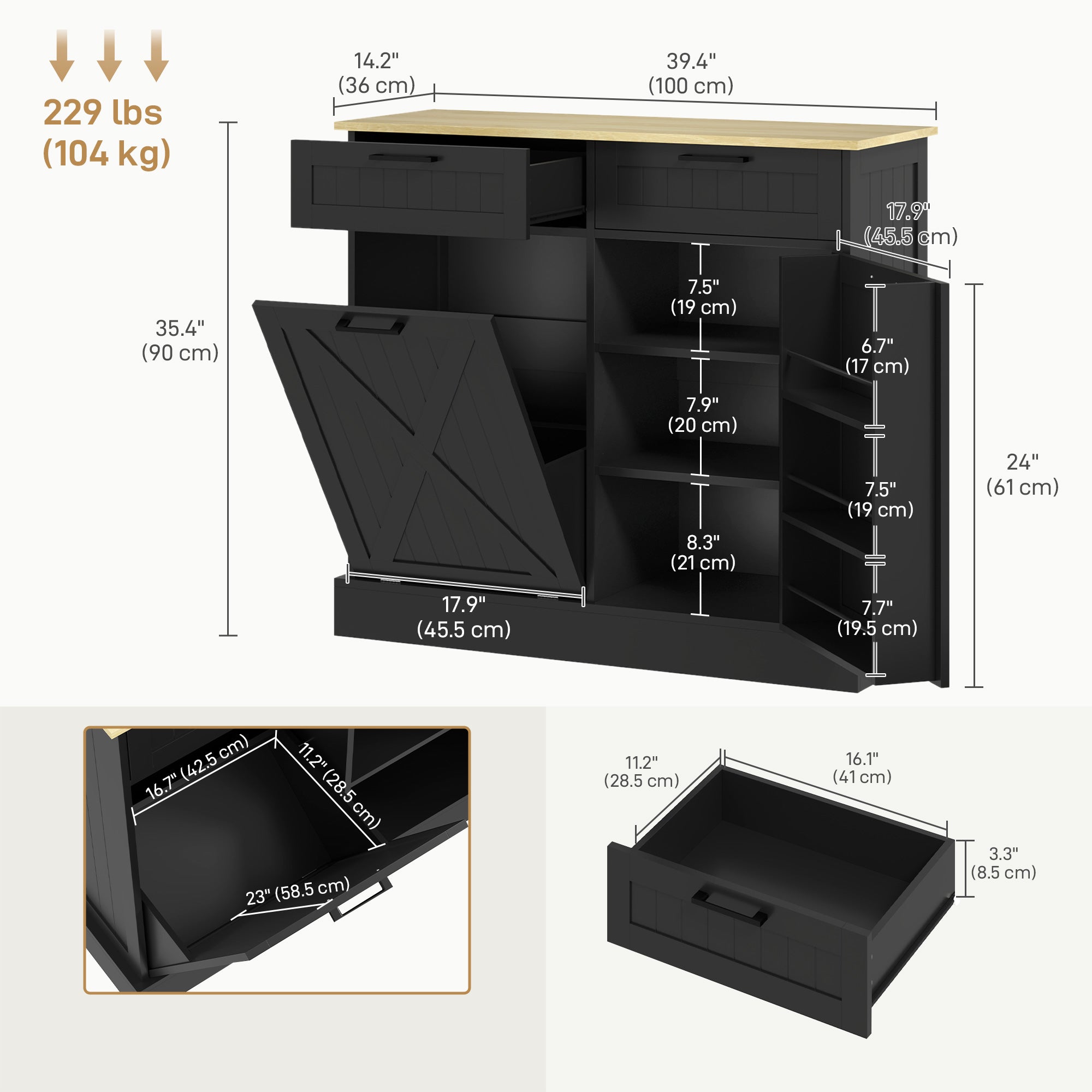 Hidden Garbage Bin Cabinet, Tilt Out Trash Cabinet w/ 2 Drawers, Freestanding Kitchen Island for Laundry, Black Bar Cabinets   at Gallery Canada